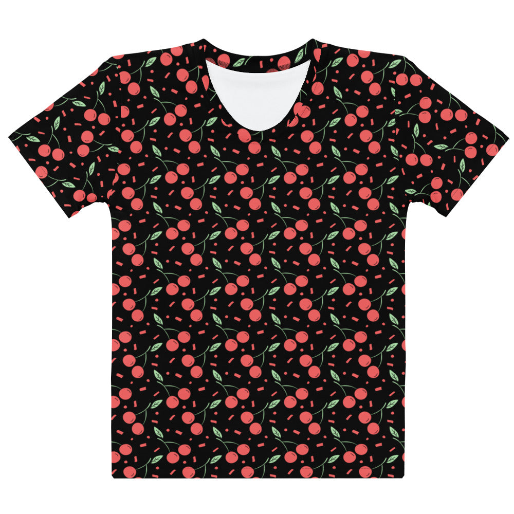 Black women’s cotton t-shirt with soft stretch featuring a vibrant cherry confetti print of red cherries and green leaves