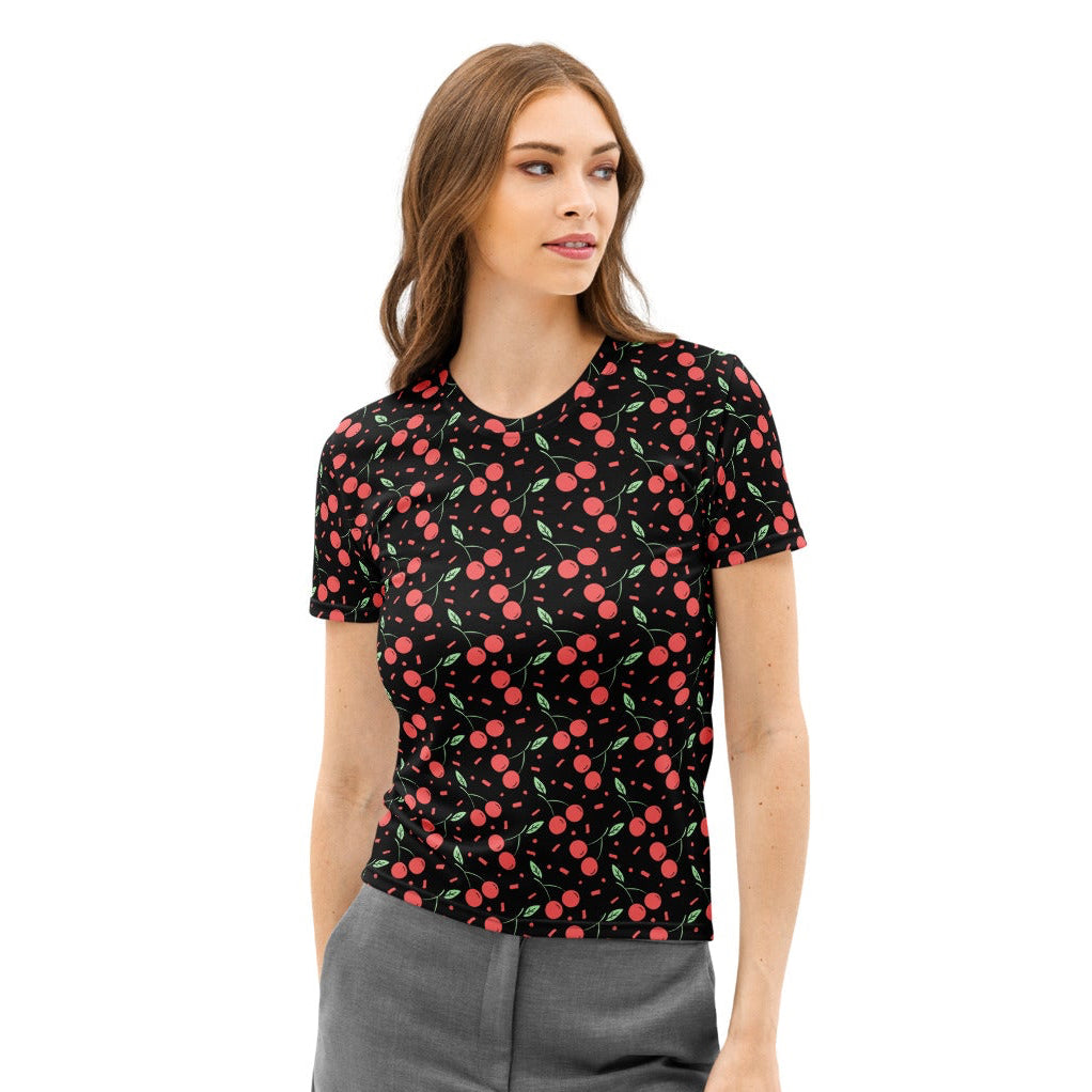Black women’s cotton short-sleeved top with vibrant red cherry and green leaf pattern soft stretch pilling resistant tee