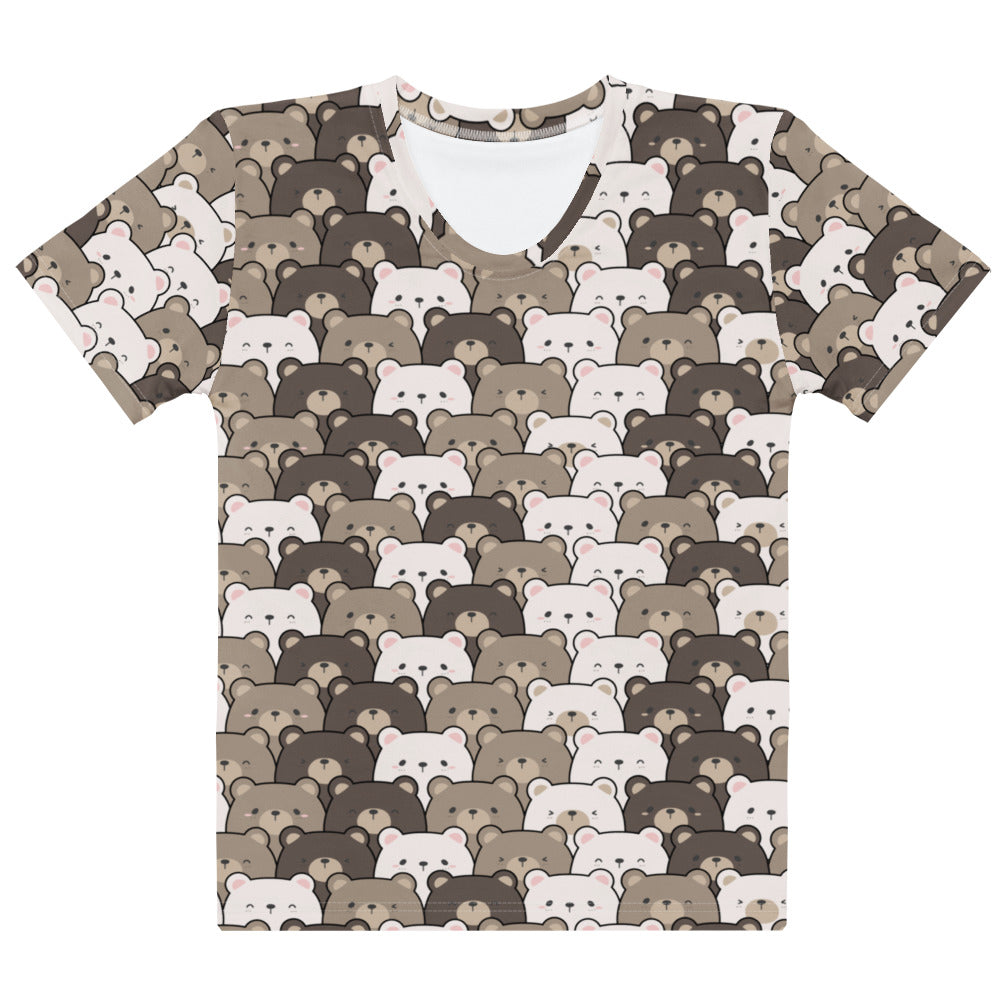Women’s short-sleeved cotton t-shirt with soft stretch and pilling resistant fabric featuring all-over brown and white cartoon bears print