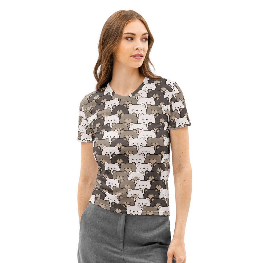 Women’s bear face cotton t-shirt with soft stretch pilling resistant fabric and cartoon bear pattern in white gray and brown