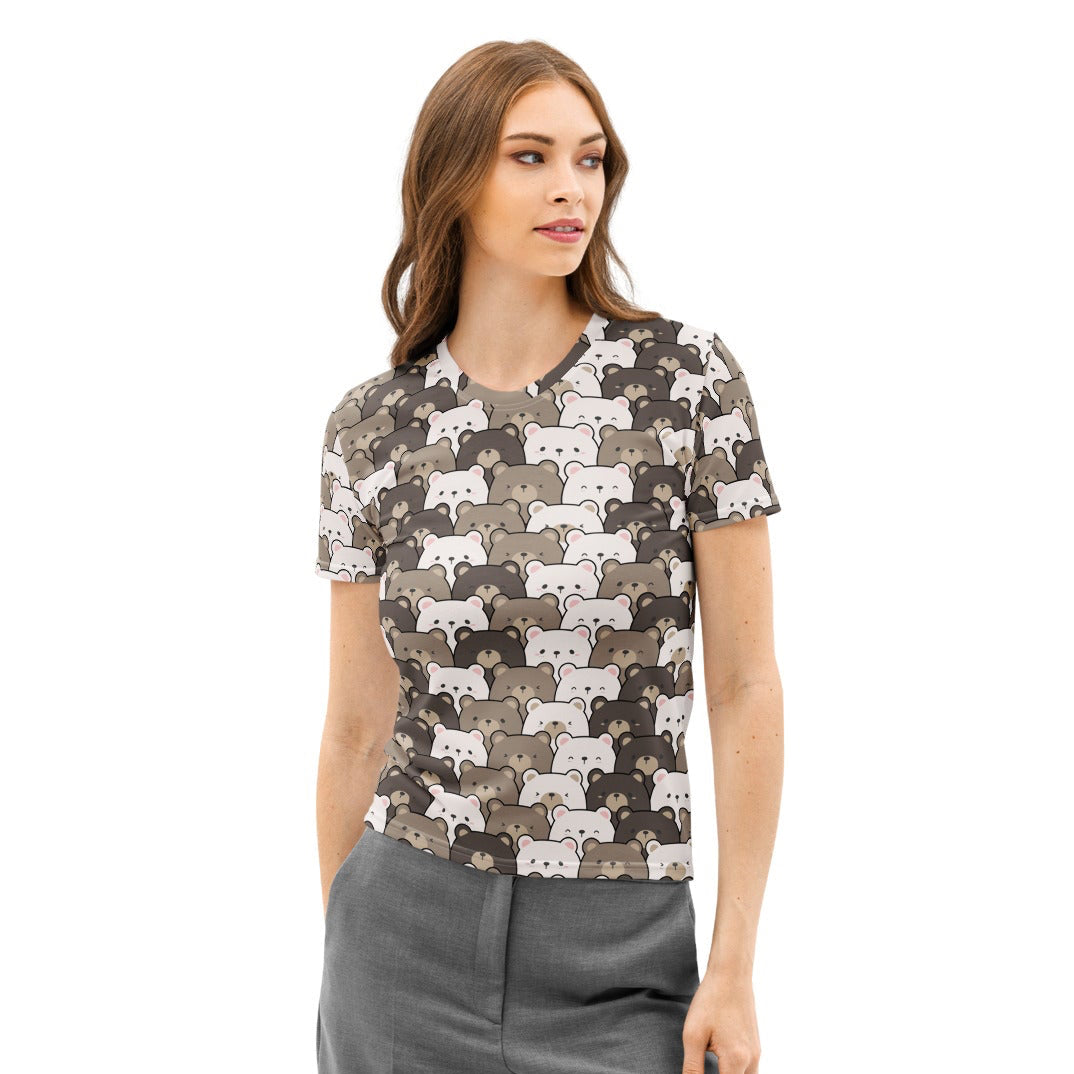 Women’s bear face cotton t-shirt with soft stretch pilling resistant fabric and cartoon bear pattern in white gray and brown