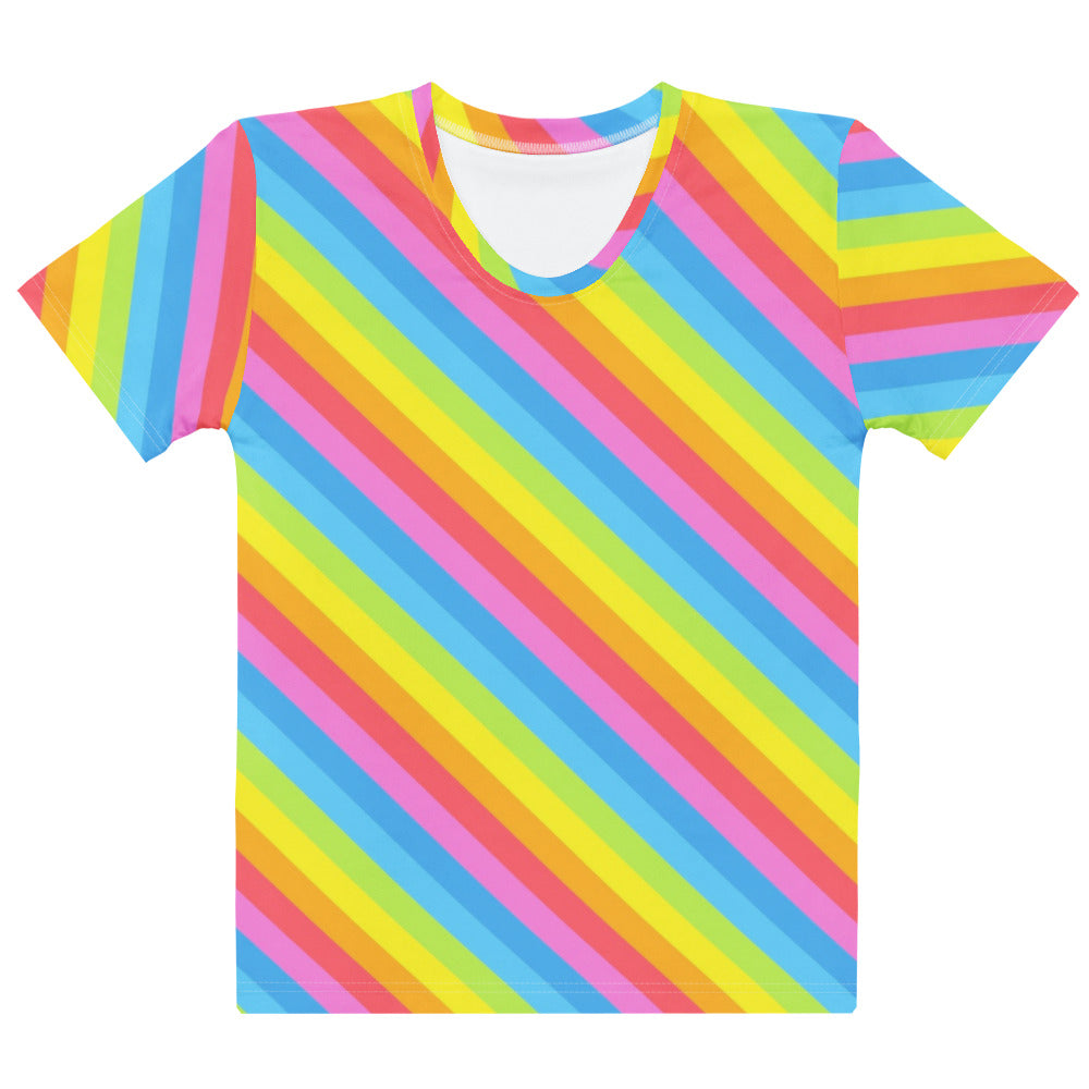 Women’s Rainbow Diagonal Stripe Cotton T-Shirt – Soft Stretch Pilling Resistant Tee