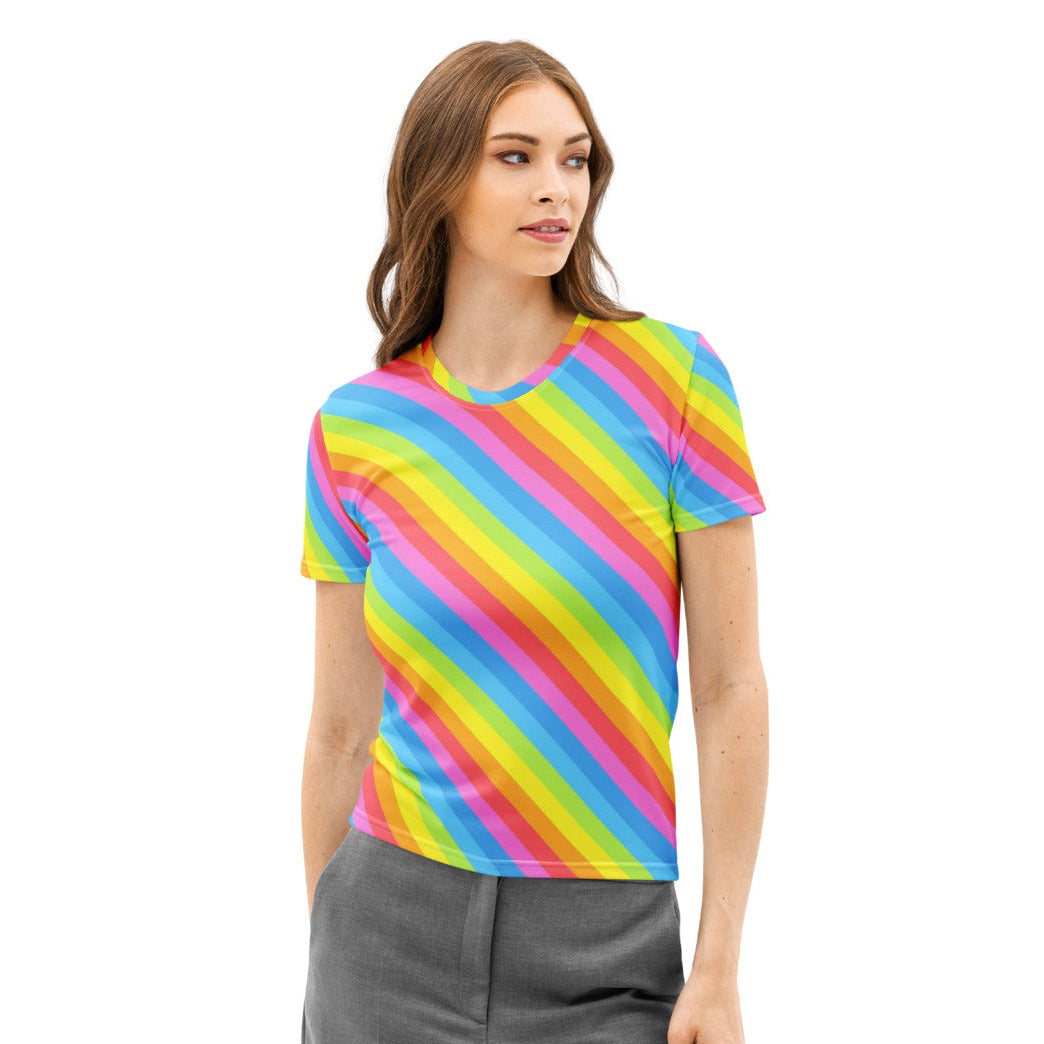 Women’s Rainbow Diagonal Stripe Cotton T-Shirt – Soft Stretch Pilling Resistant Tee