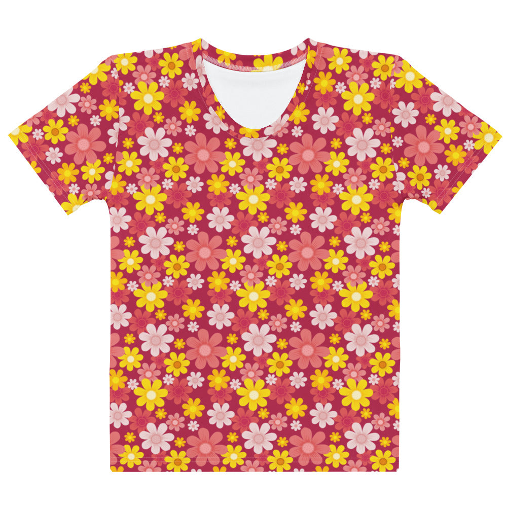 Women’s red floral cotton t-shirt with soft stretch and pilling resistant fabric featuring pink and yellow daisy print