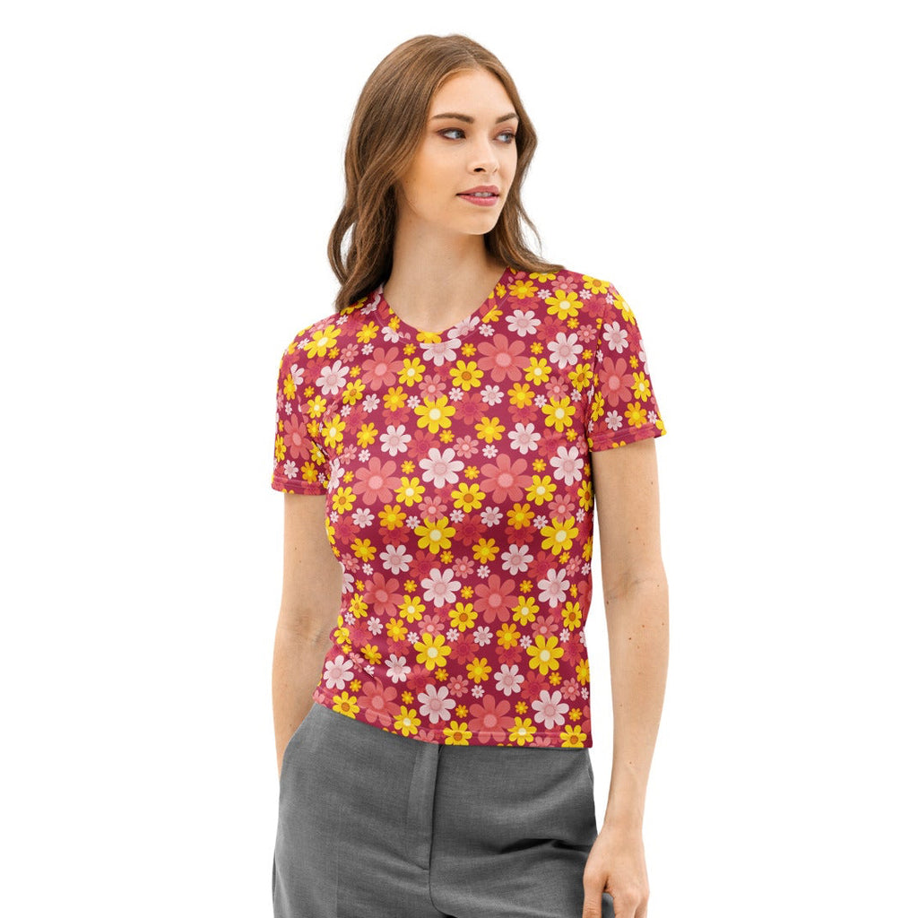 Women’s red floral cotton t-shirt in vibrant pink with yellow white and light pink flower pattern soft stretch pilling resistant