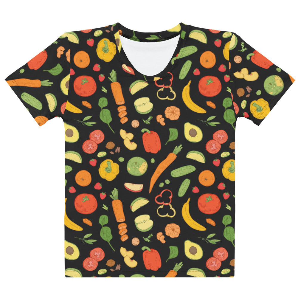 Black women’s vegetable print cotton t-shirt with vibrant all-over fruit and vegetable design soft stretch pilling resistant