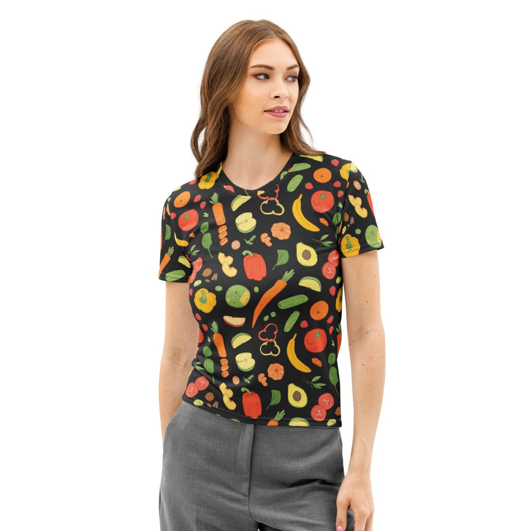 Black women’s vegetable print cotton t-shirt with vibrant colorful cartoon fruits and vegetables soft stretch pilling resistant