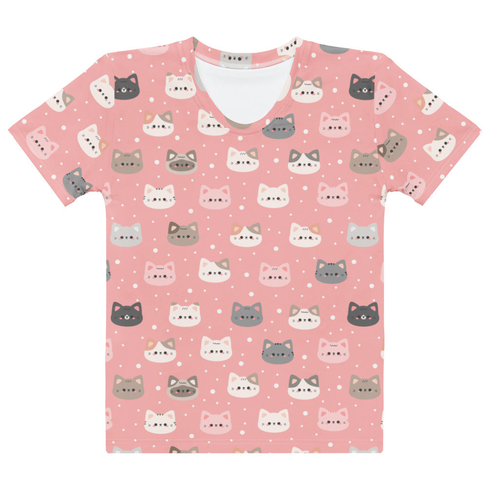 Women’s soft pink cotton t shirt with playful all over cartoon cat faces print pilling resistant and stretchable