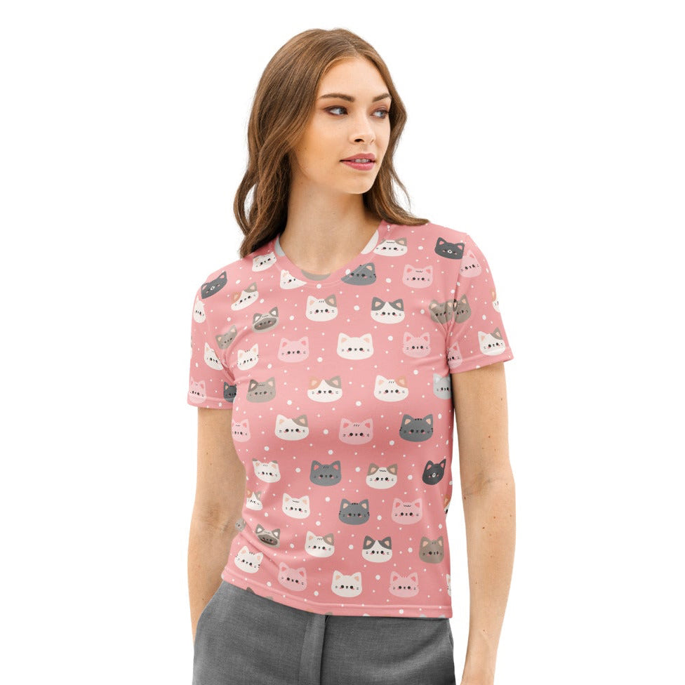 Women’s cute pink cat faces cotton t-shirt with playful gray white and pink cartoon cats on a soft pastel background