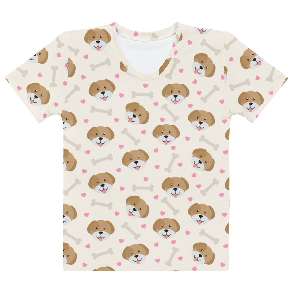 Women’s cream-colored short-sleeved cotton t-shirt with playful brown puppy faces pink hearts and gray bones print