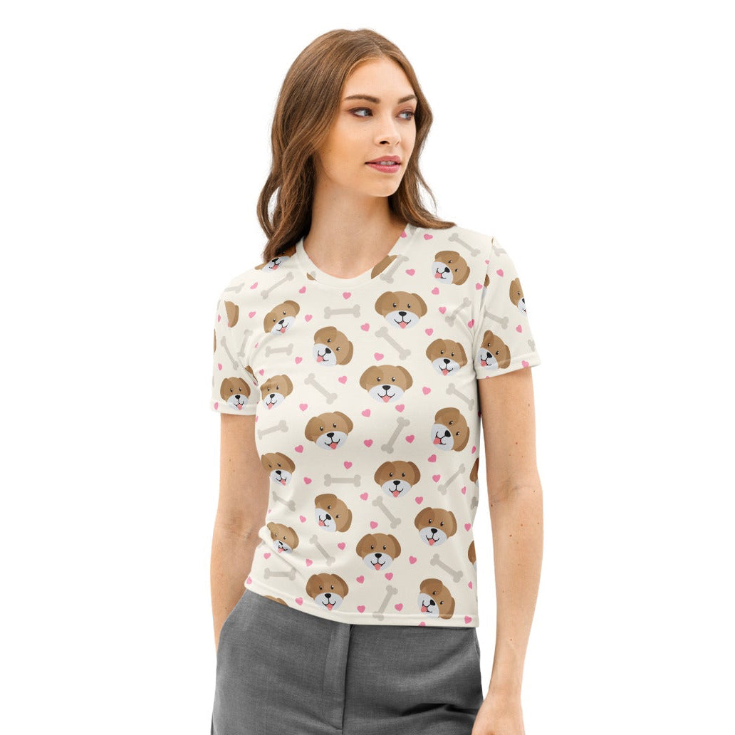 A cream-colored women’s cotton t-shirt with a playful puppy face print featuring soft stretch and pilling resistance