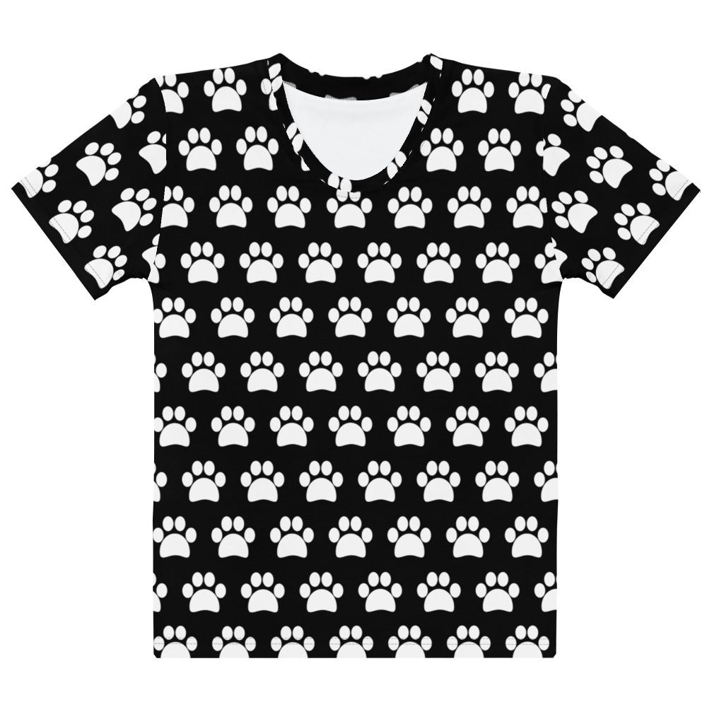 Women’s black cotton short-sleeved t-shirt with white paw print pattern soft stretch pilling resistant tee
