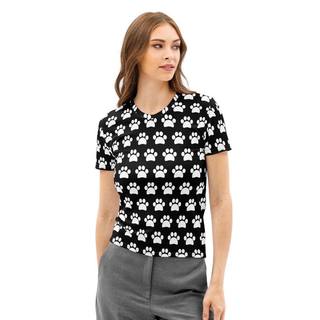 Women’s black cotton t-shirt with white paw print pattern soft stretch and pilling resistant short-sleeved top