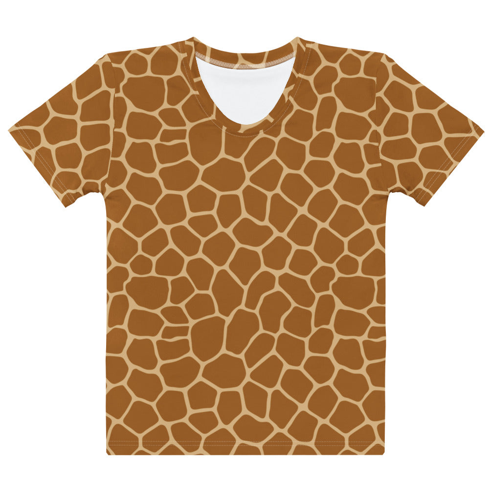Women’s short-sleeved cotton t-shirt featuring a soft stretch giraffe print with brown patches on tan background