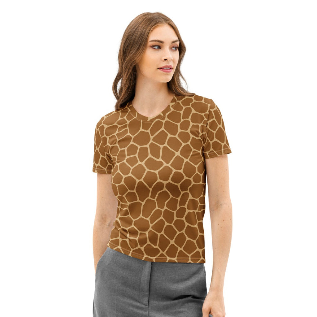 Women’s short-sleeved cotton t-shirt with brown and tan giraffe print soft stretch and pilling resistant fabric