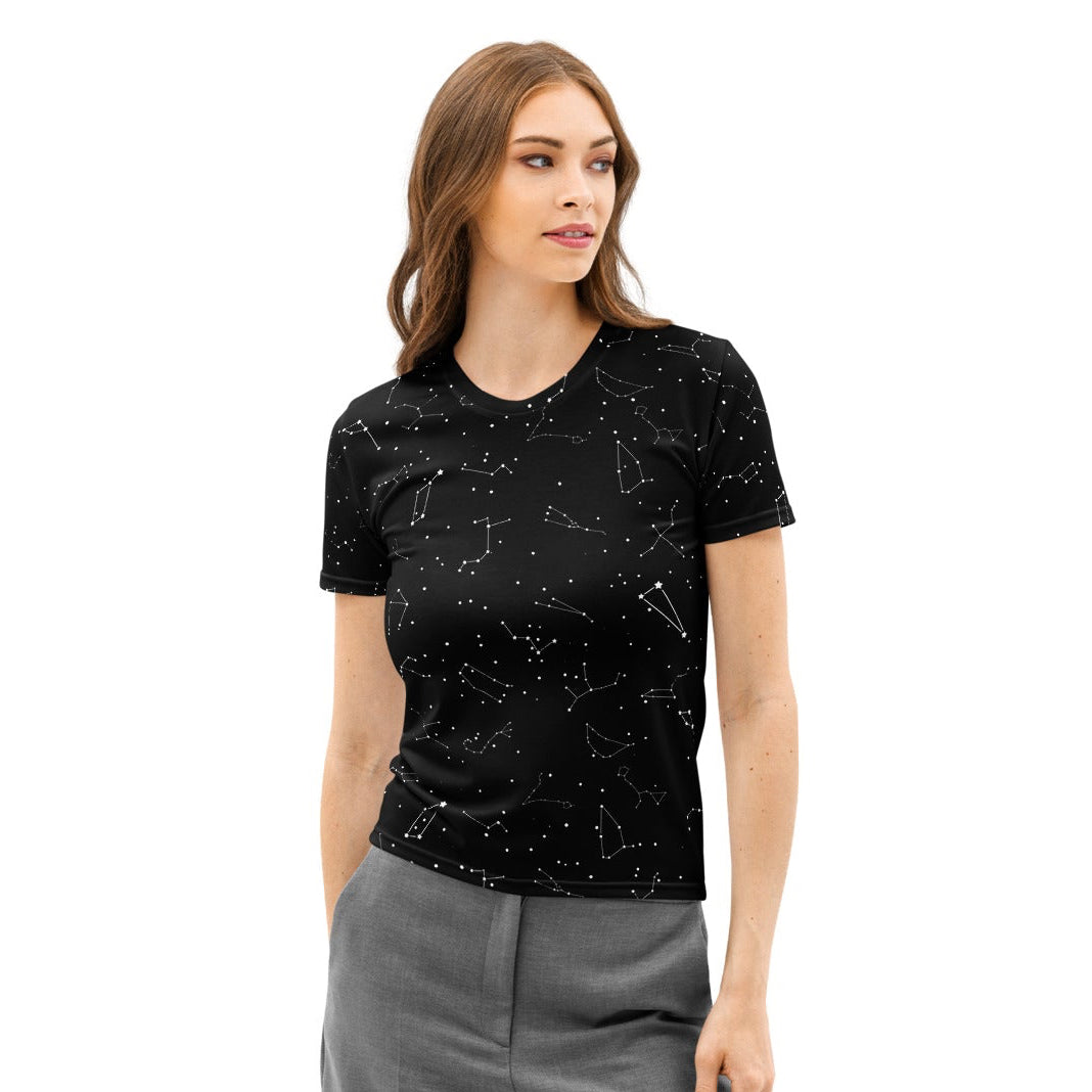 Black women’s cotton t-shirt with soft stretch featuring a white realistic constellation pattern and pilling resistant fabric