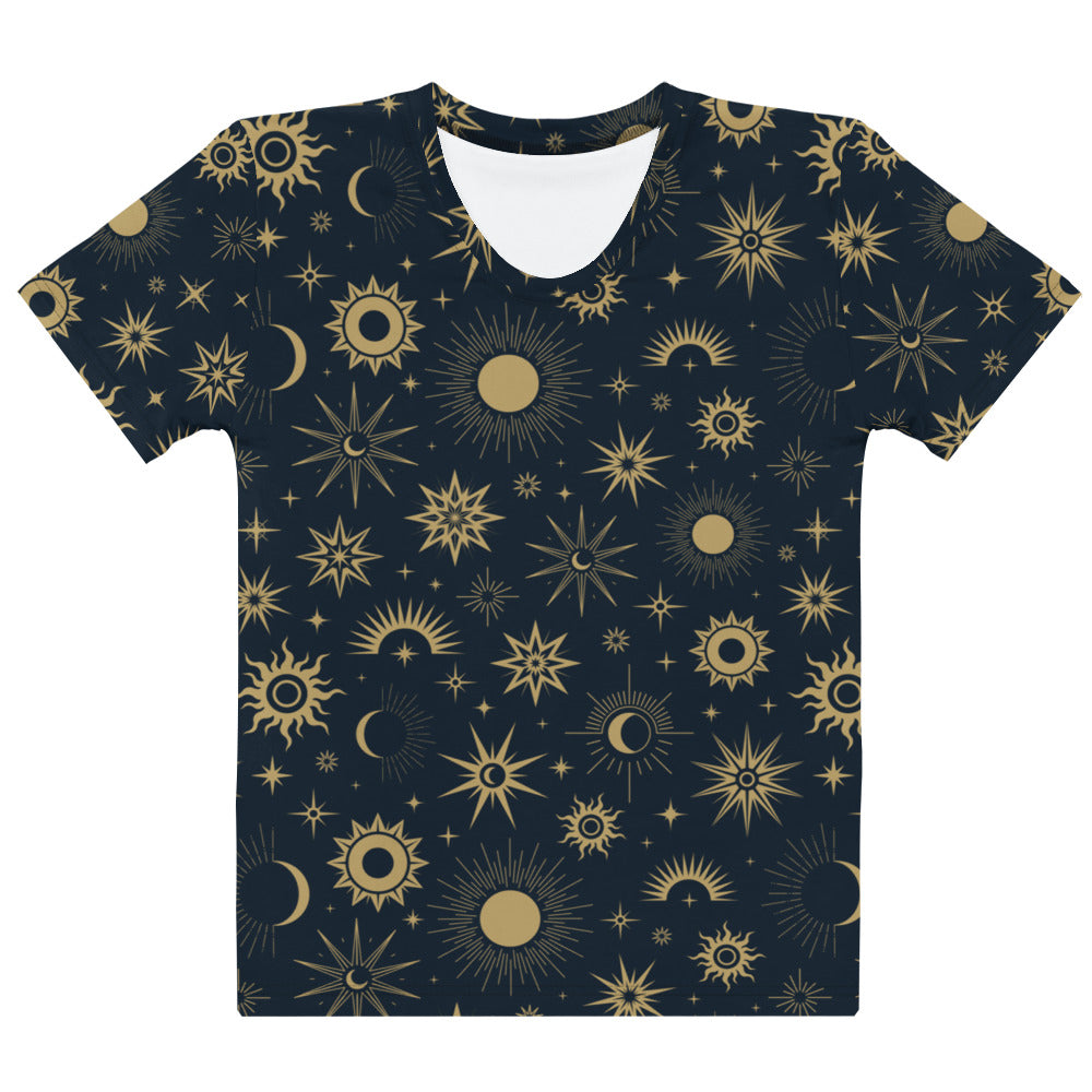 Women’s dark blue cotton t-shirt with soft stretch and a vibrant gold celestial sun moon and stars pattern