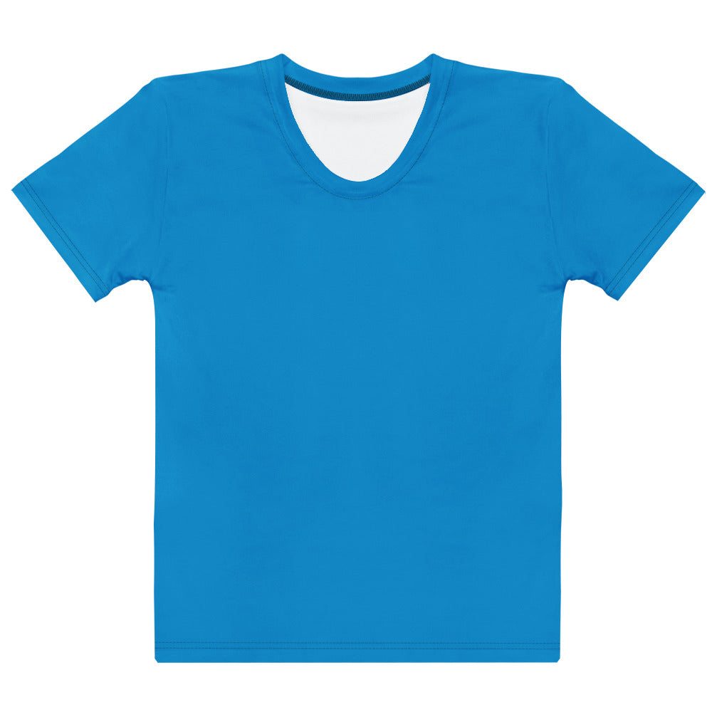 Women’s bright blue cotton t-shirt with soft stretch, pilling resistant fabric, short sleeves, and white inner lining