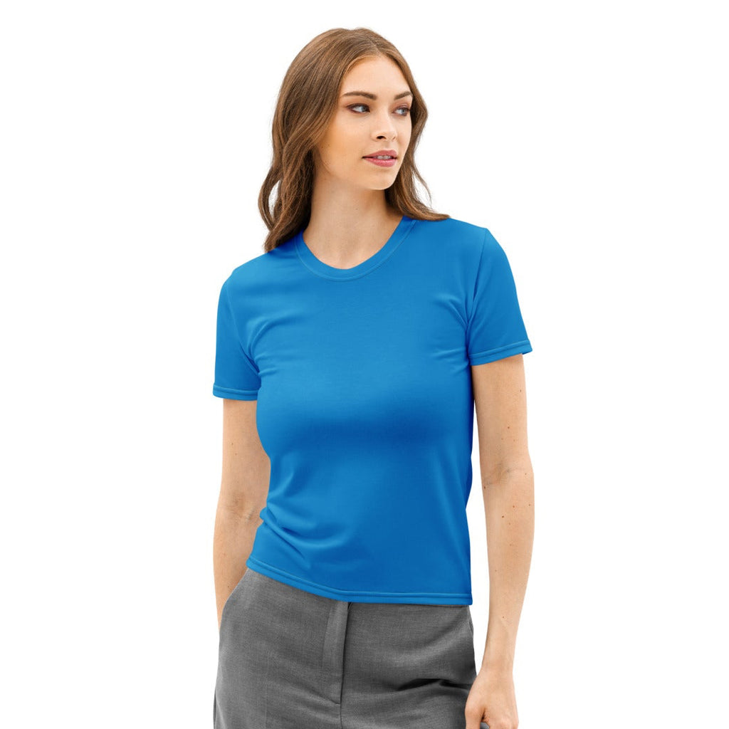 A vibrant blue cotton women’s short-sleeved crew neck t-shirt with soft stretch and pilling resistant fabric