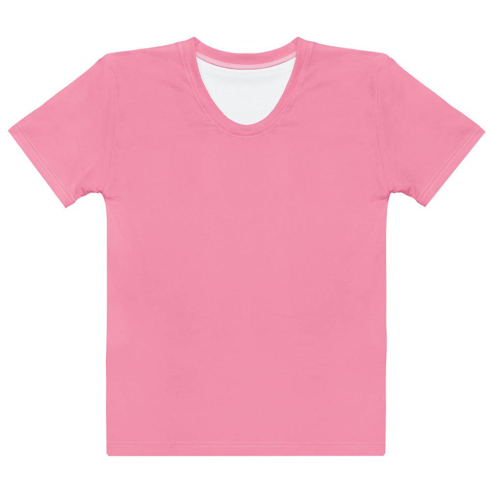 Women’s pink cotton t-shirt with soft stretch, pilling resistant fabric, crew neck, short sleeves, and white inner lining