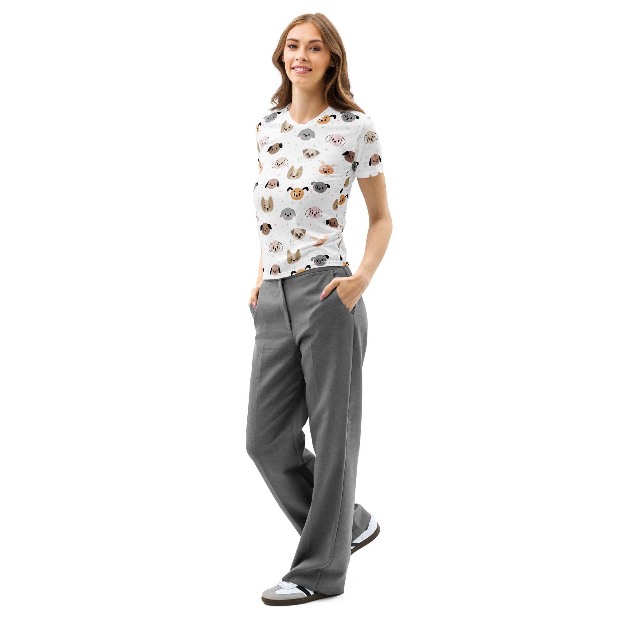 White short-sleeved women’s cotton t-shirt with playful multicolored cartoon dog faces soft stretch pilling resistant