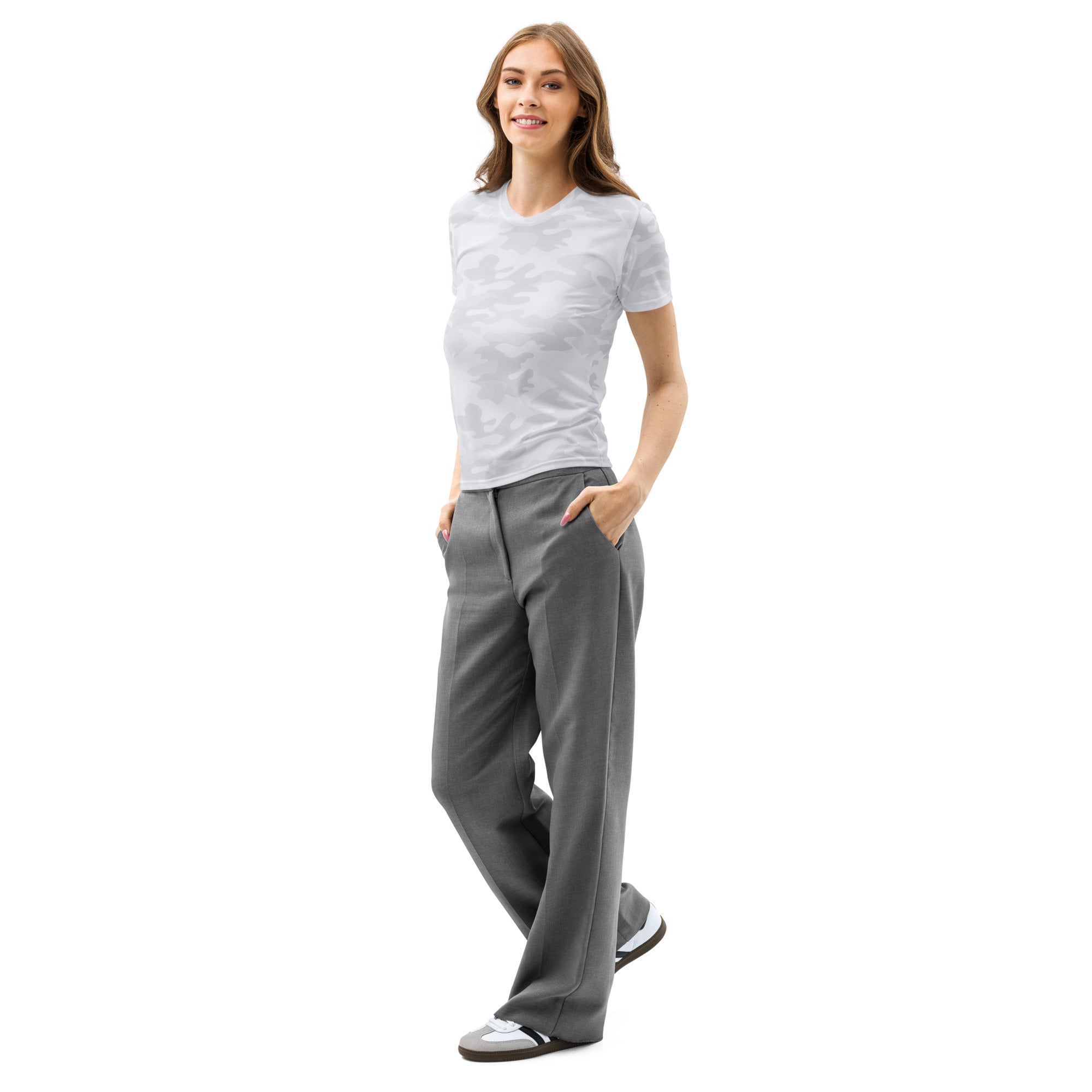 A woman wears a women’s white camouflage cotton t-shirt in light gray with soft stretch and pilling resistant fabric