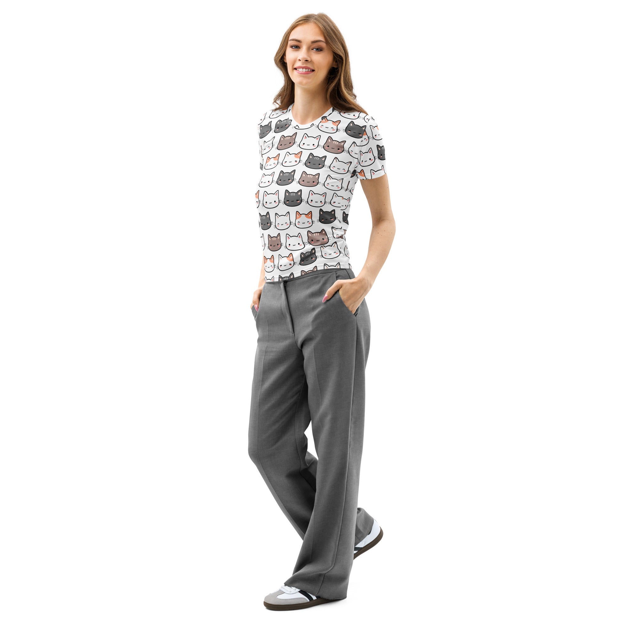 White short-sleeved women’s cotton t-shirt with a playful multicolored cartoon cat face pattern soft and pilling resistant