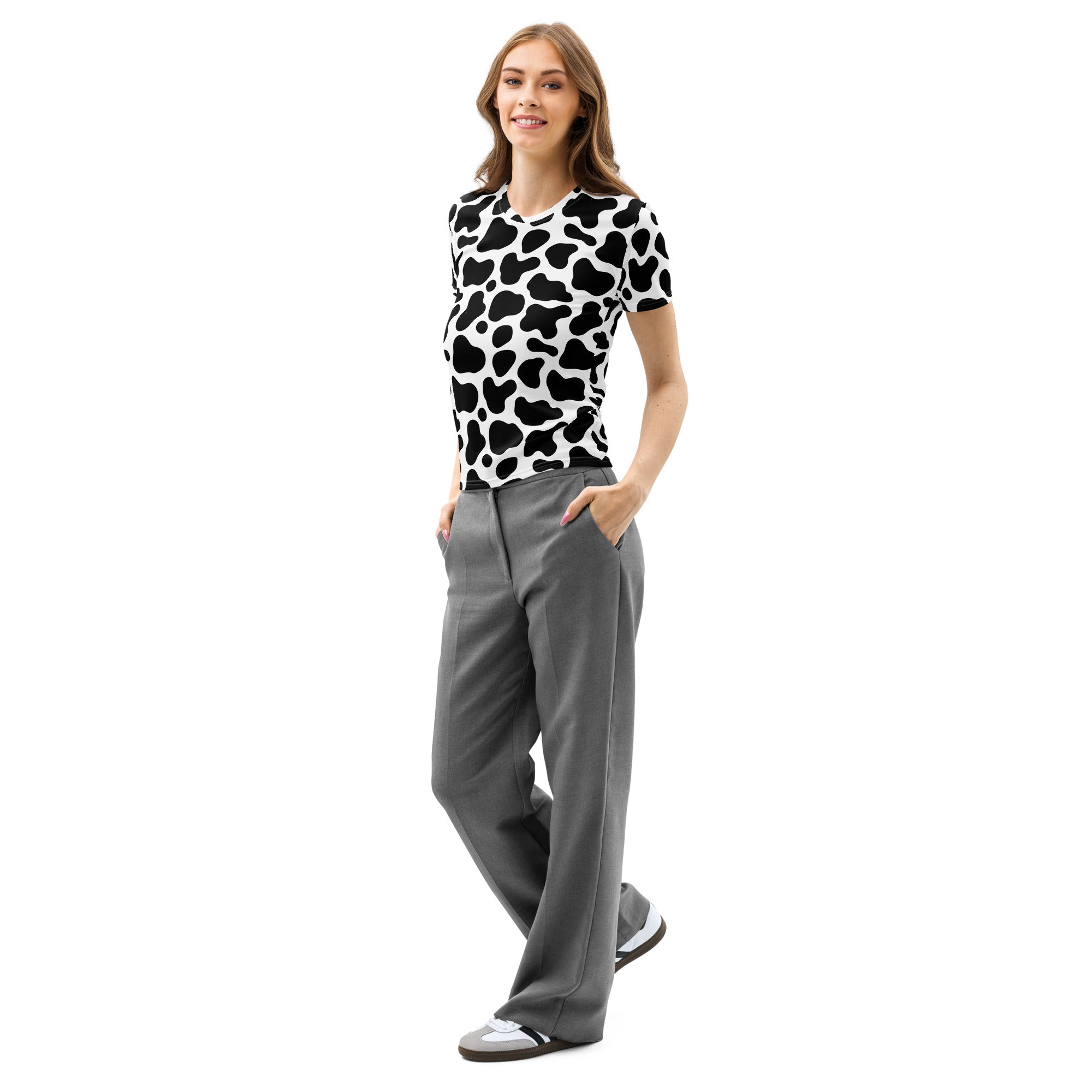 Black and white cow print cotton t-shirt with short sleeves soft stretch and pilling resistant for women