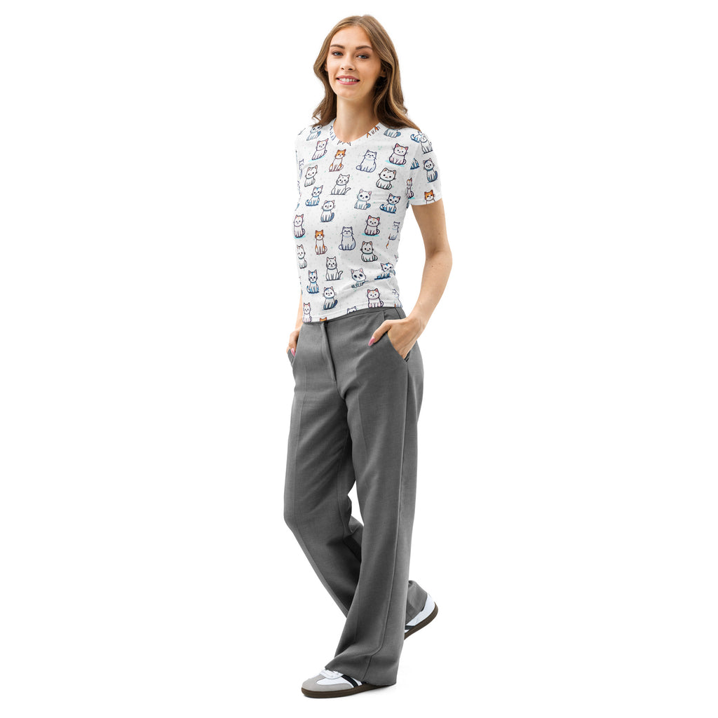 Women’s white cotton short-sleeved t-shirt with colorful cartoon cat print soft stretch and pilling resistant tee