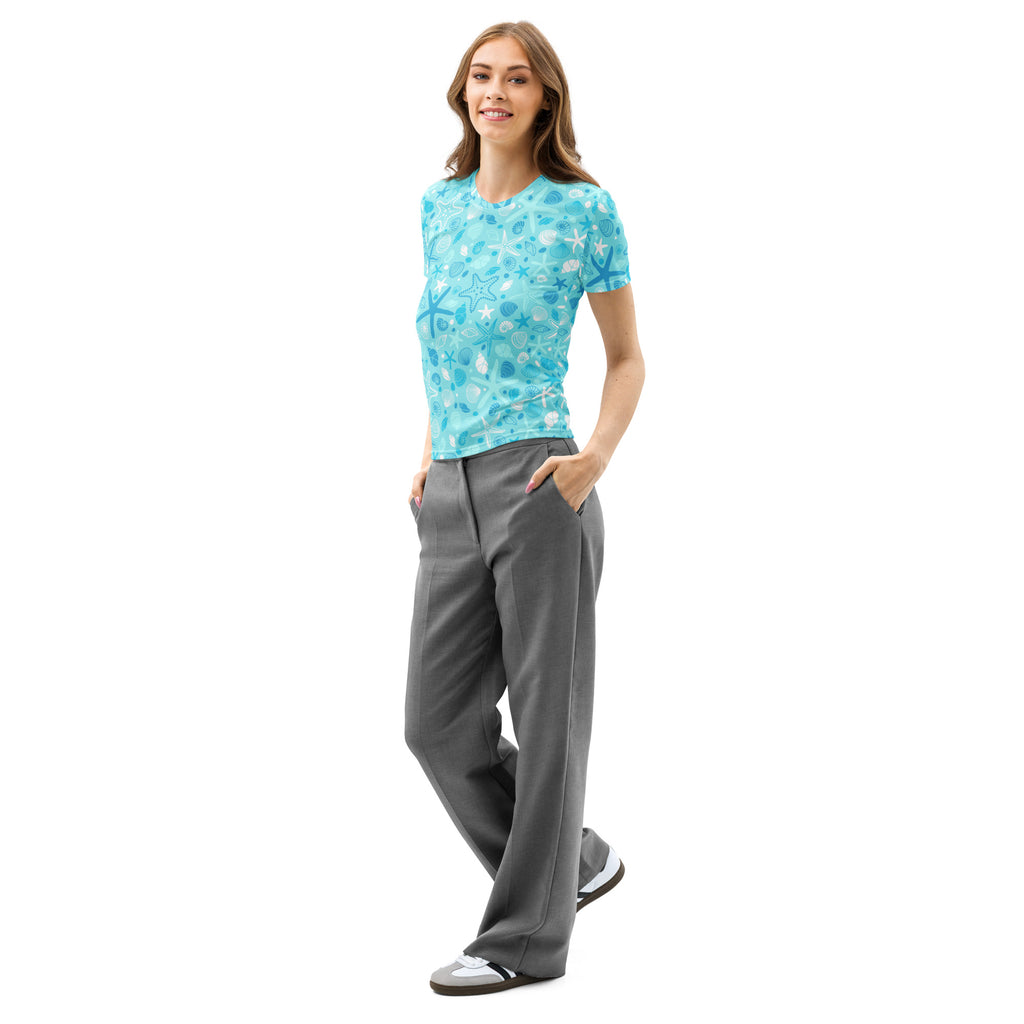 Women’s light blue cotton t-shirt with soft stretch featuring playful starfish and shells sea-themed pattern