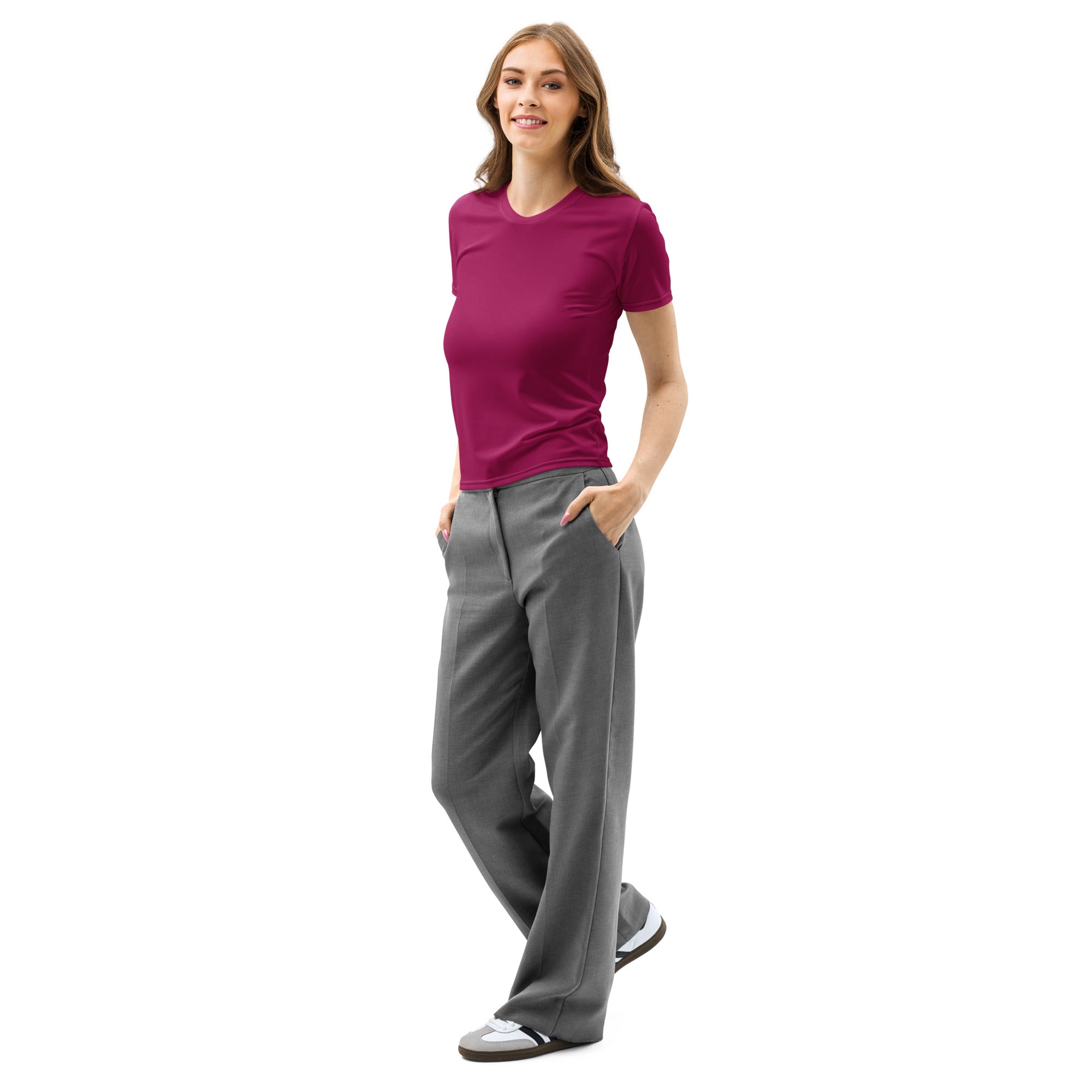 A woman wearing a vibrant magenta women’s burgundy cotton t-shirt with soft stretch and pilling resistant fabric