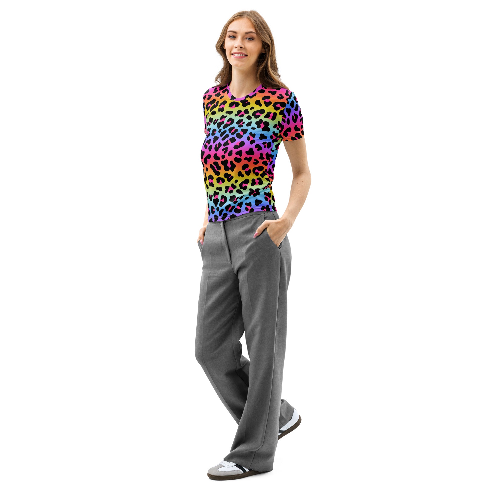 A vibrant rainbow-colored women’s cotton t-shirt with bold leopard print soft stretch and pilling resistant fabric