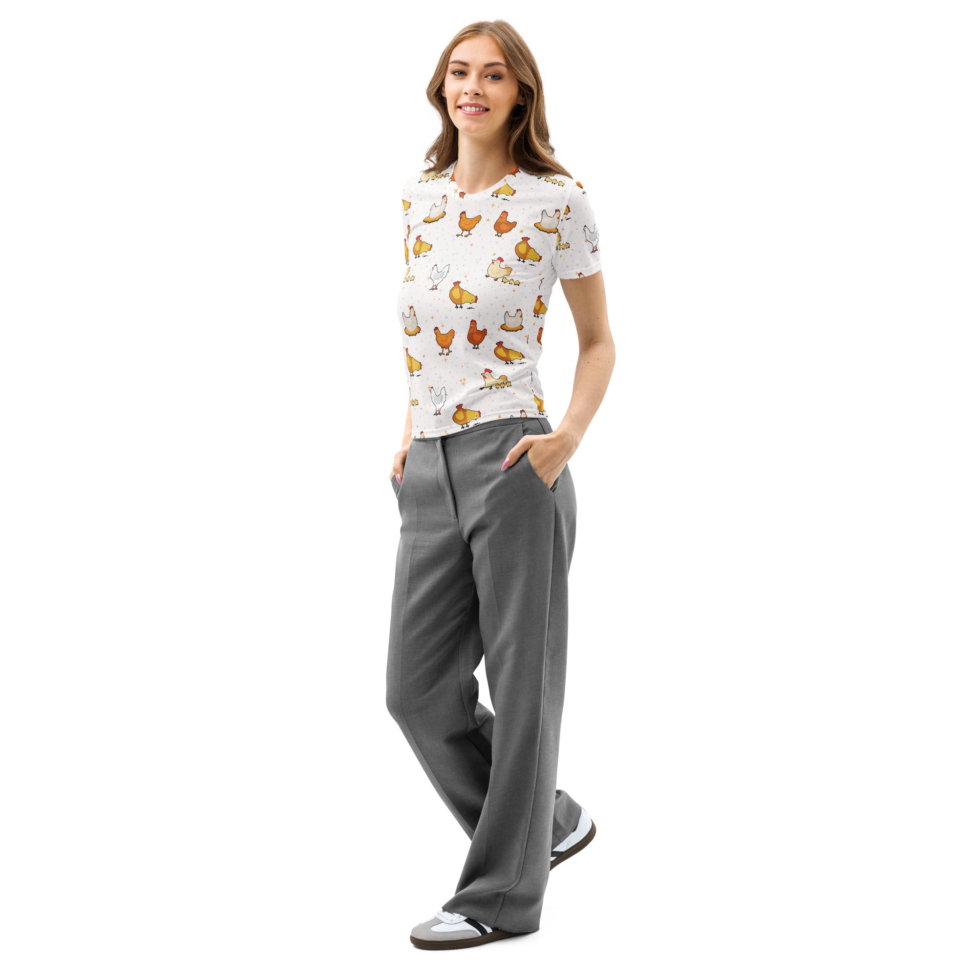White women’s cotton short-sleeved t-shirt with soft stretch and playful colorful cartoon chicken pattern