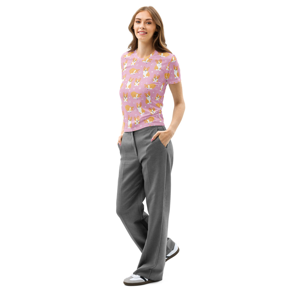 Women’s pink cotton t-shirt with soft stretch and pilling resistant fabric featuring a repeating cartoon corgi pattern