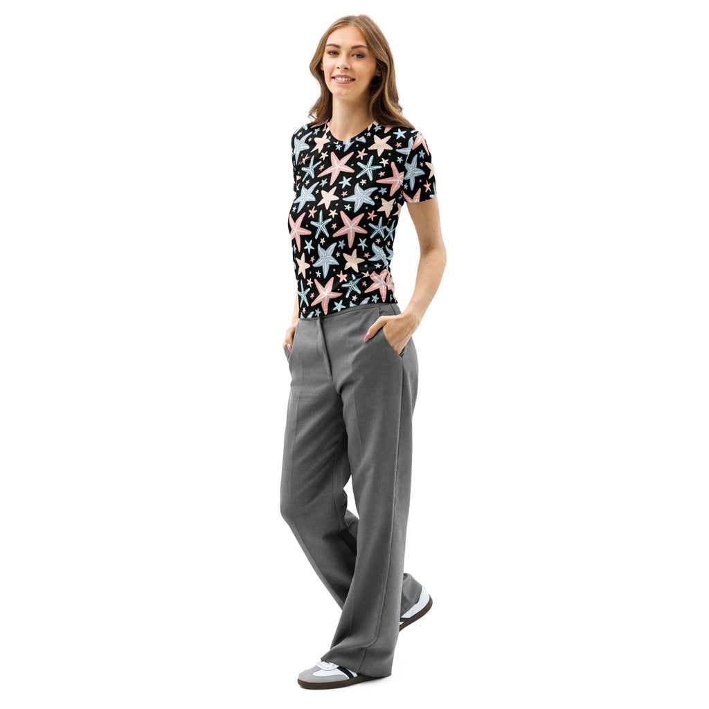 Women’s black cotton t-shirt with pink and light blue starfish print featuring soft stretch and pilling resistance