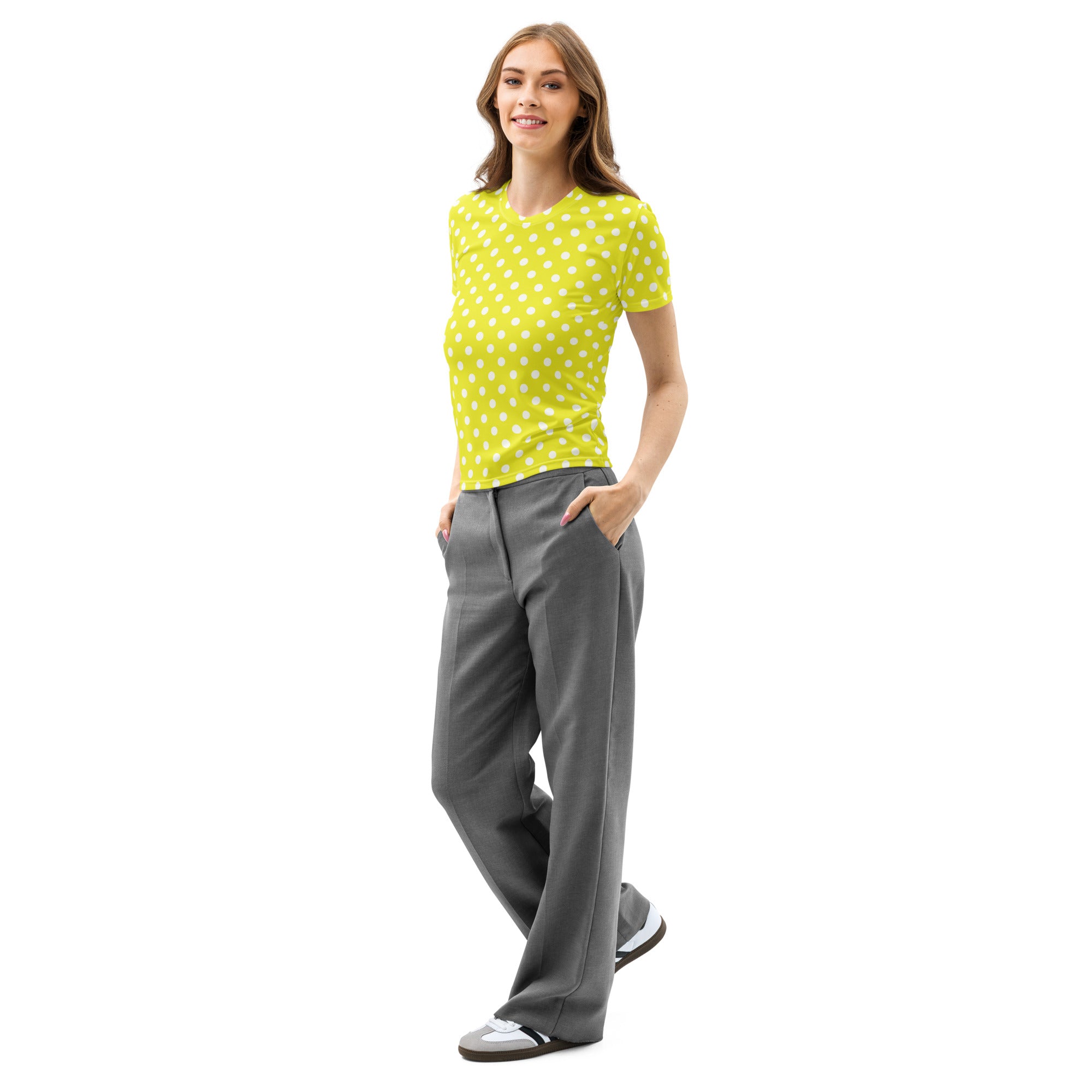 A woman wears a women’s yellow polka dots cotton t-shirt with soft stretch and pilling resistant fabric