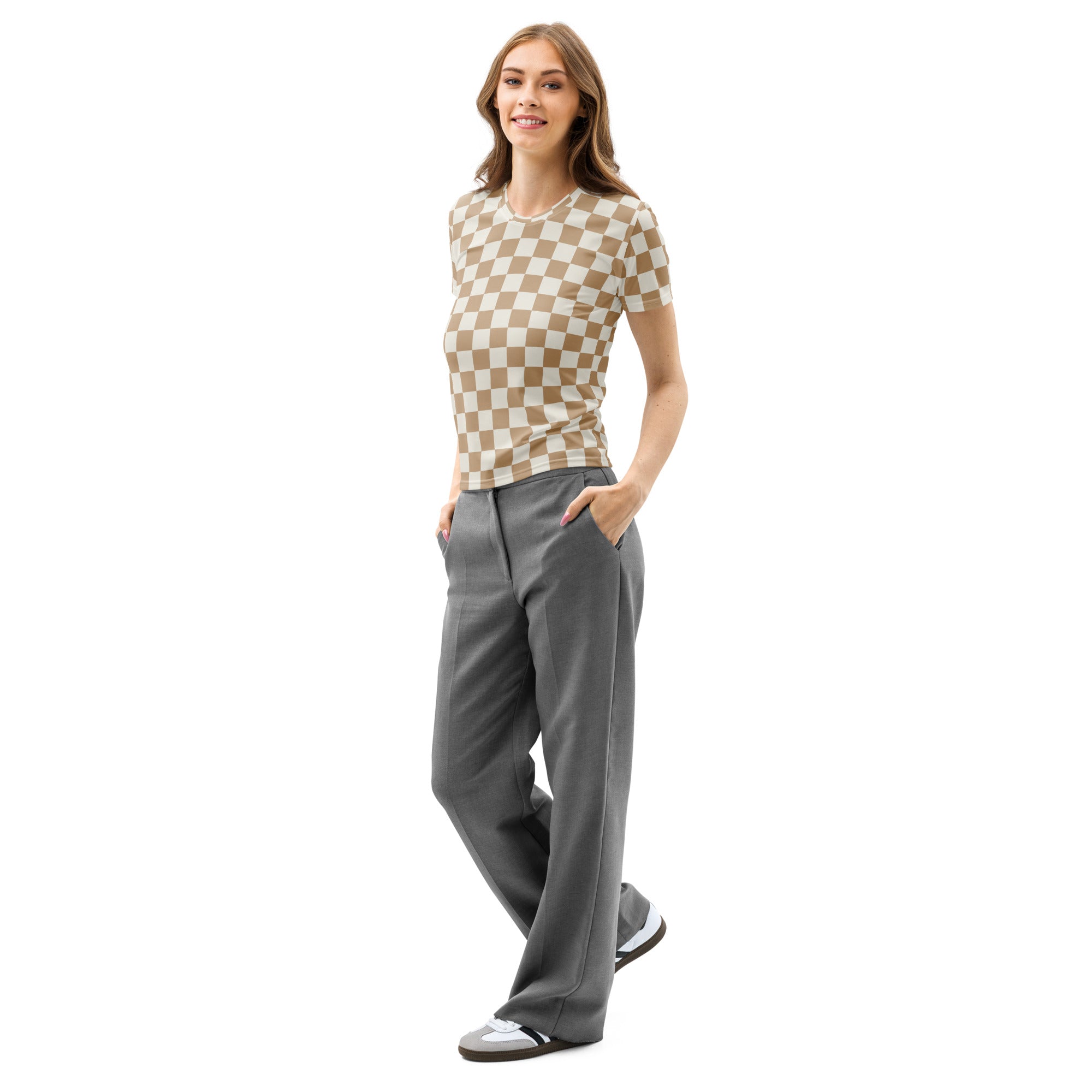 A woman wears a beige and white checkered women’s neutral checkerboard cotton t-shirt with soft stretch and pilling resistance