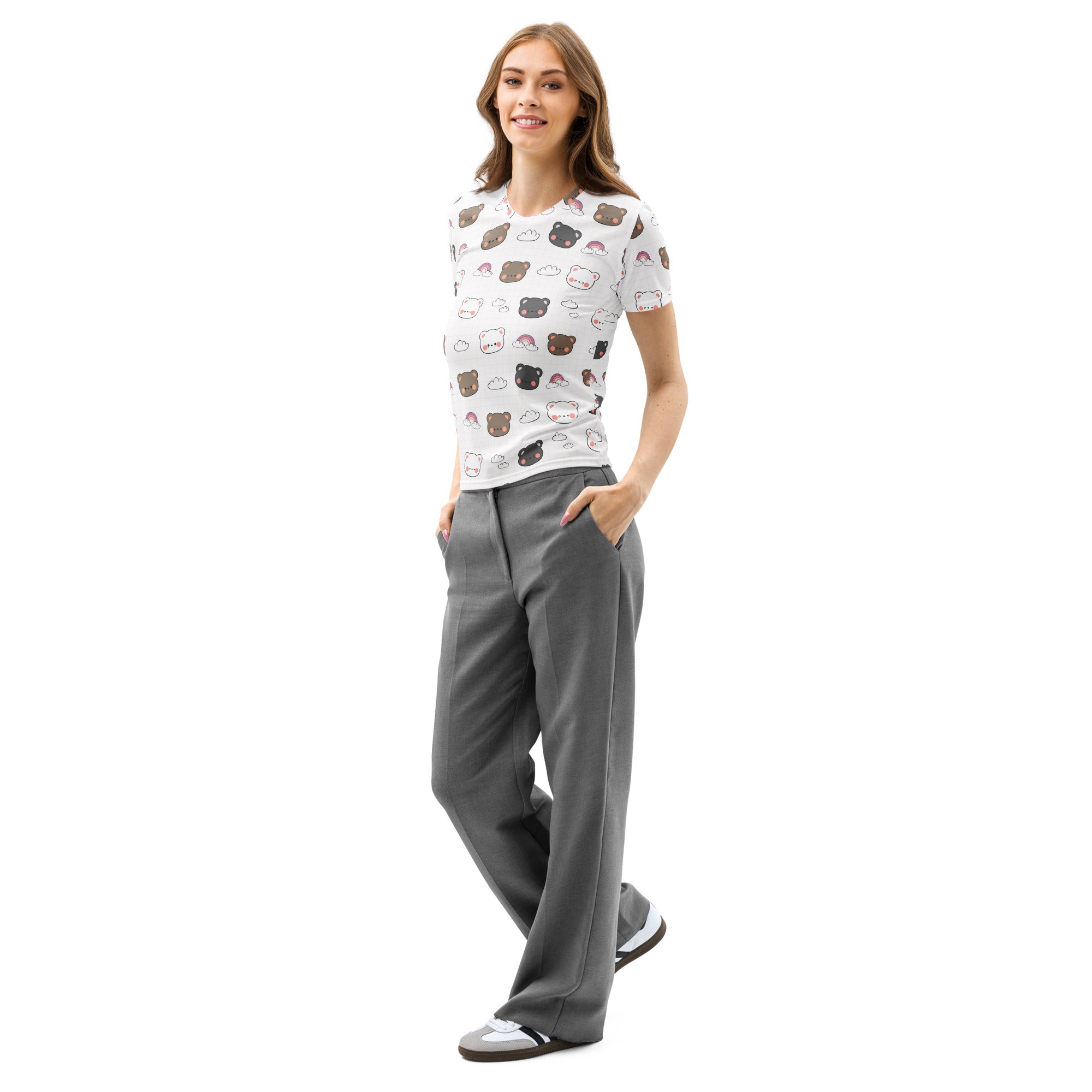 White cotton women’s t-shirt with soft stretch featuring a cute bear and cloud print in brown black and pink