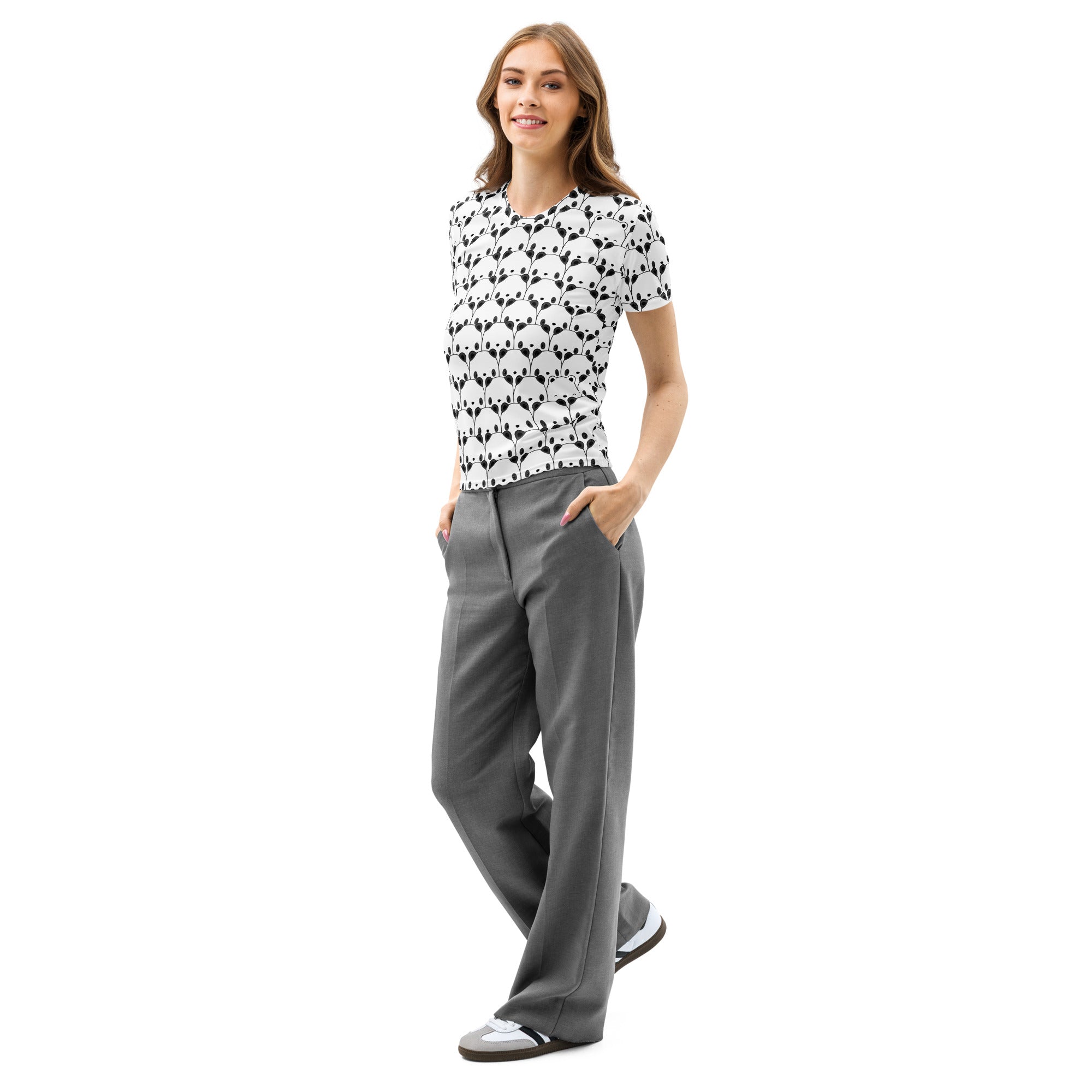 A woman wearing a white cotton women’s panda print short-sleeved t-shirt with soft stretch and pilling resistant fabric