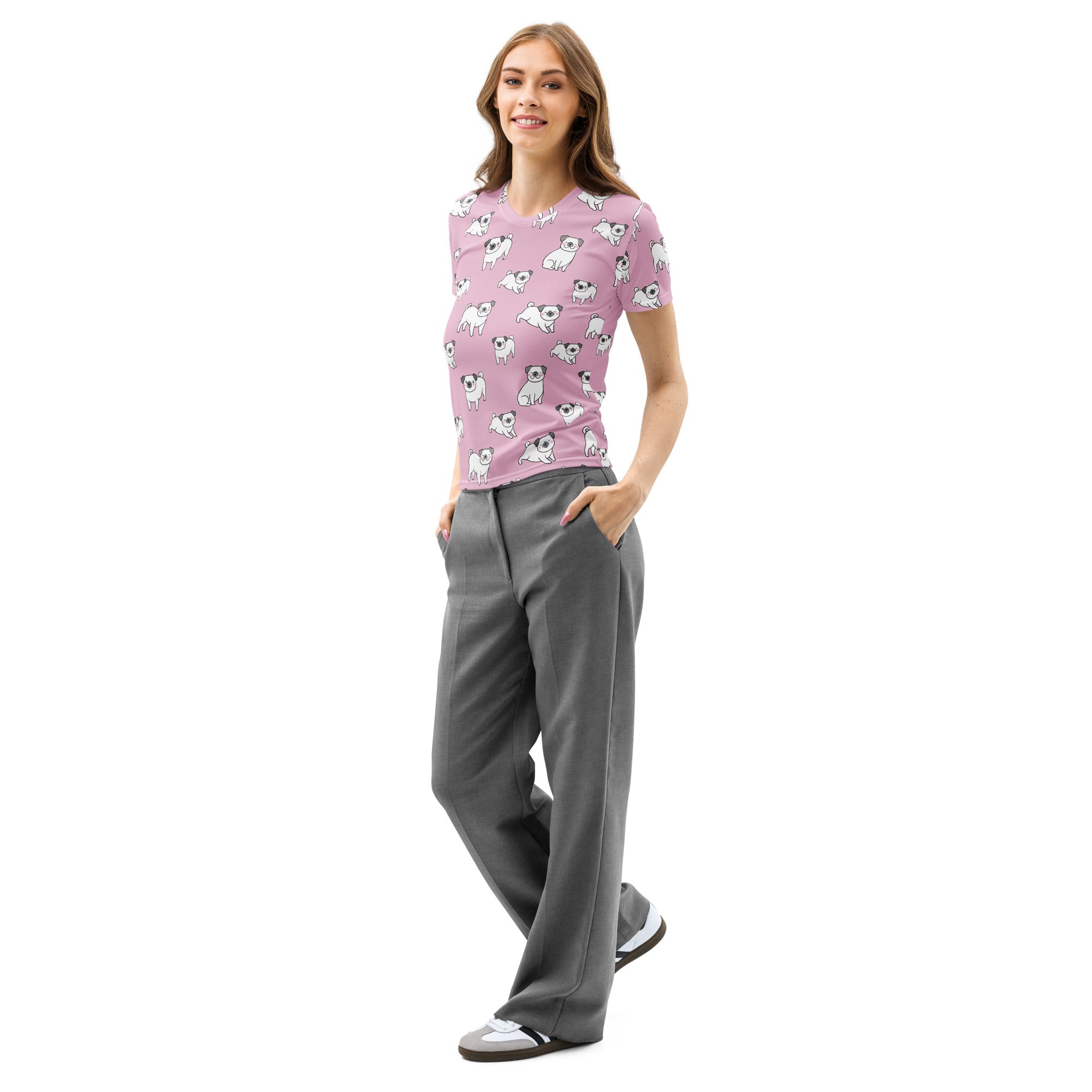 Women’s pink cotton t-shirt with soft stretch and pilling resistant fabric featuring white pug illustrations