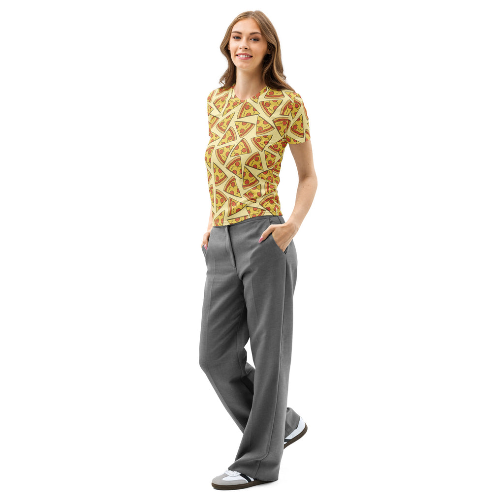 Yellow women’s cotton t-shirt with short sleeves and soft stretch featuring a repeating pizza slice pattern