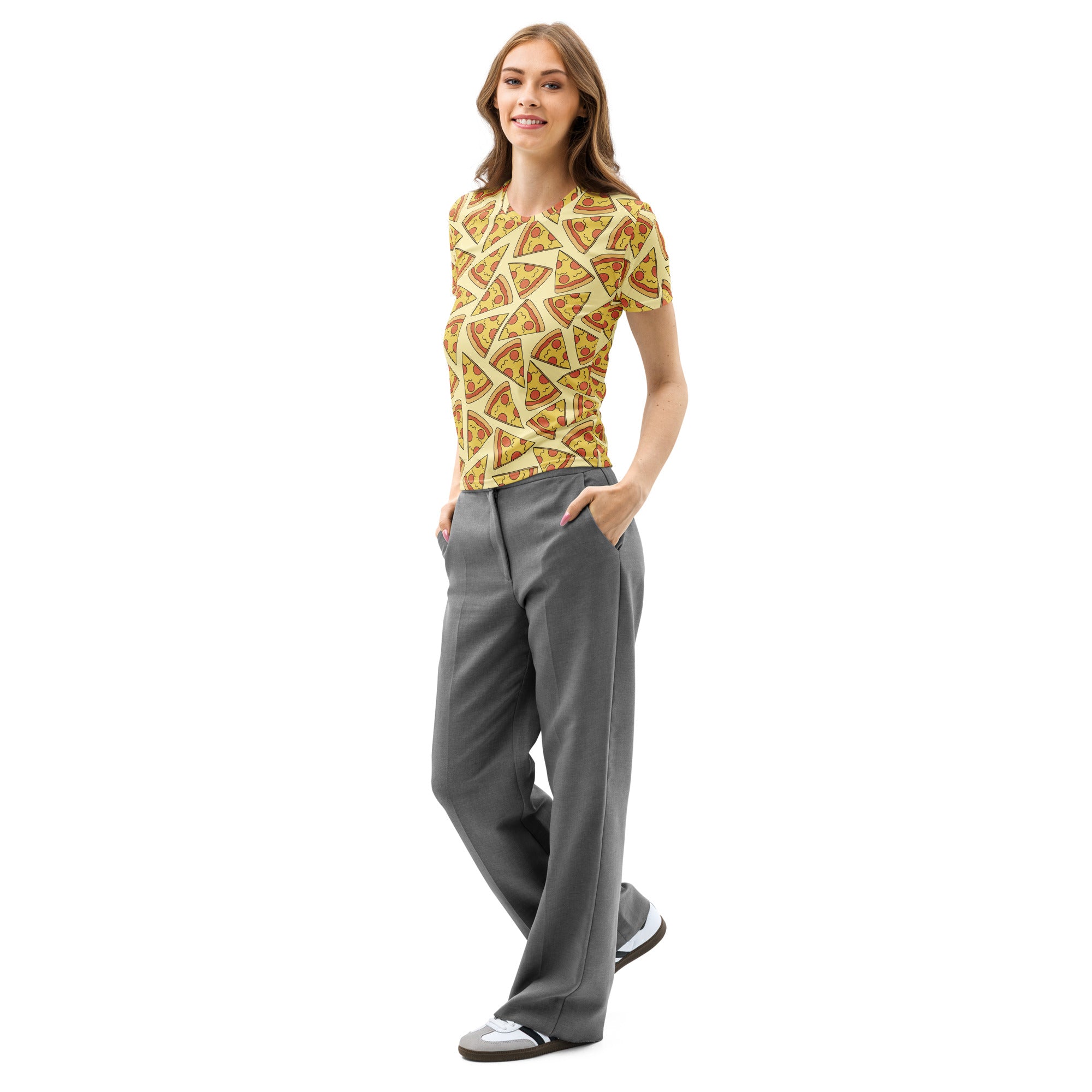 Yellow women’s cotton t-shirt with short sleeves and soft stretch featuring a repeating pizza slice pattern