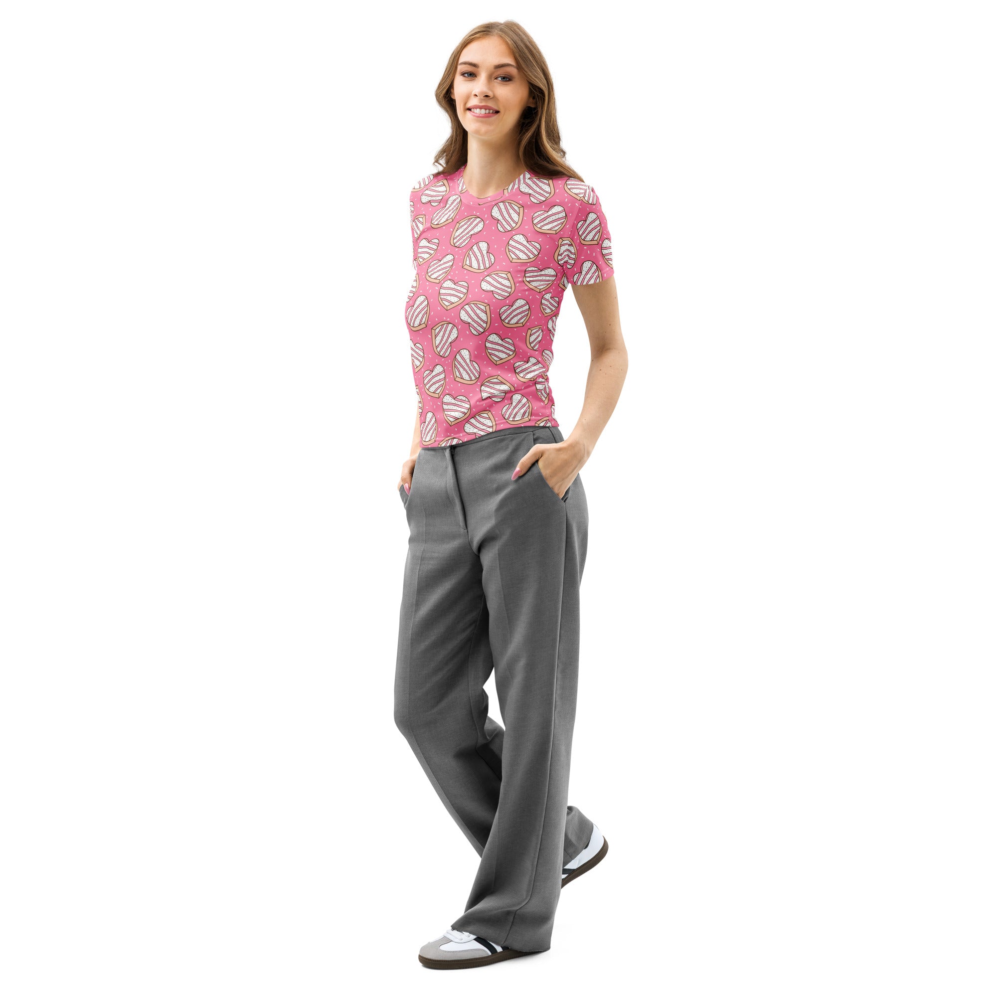 Women’s pink heart cookie cotton t-shirt with soft stretch and pilling resistant fabric featuring white heart patterns