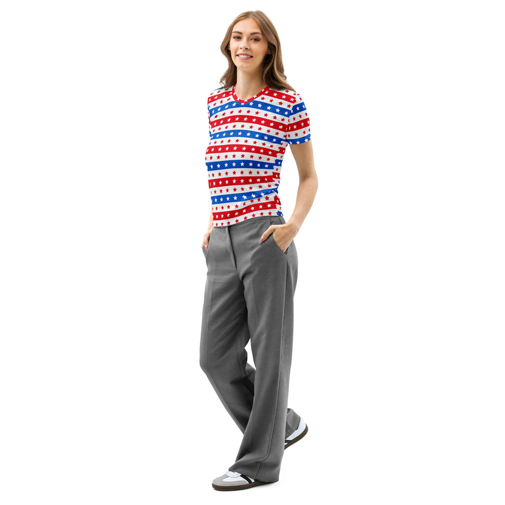 A woman wears a women’s usa stripes and stars cotton t-shirt with red white and blue striped stars pattern and soft stretch