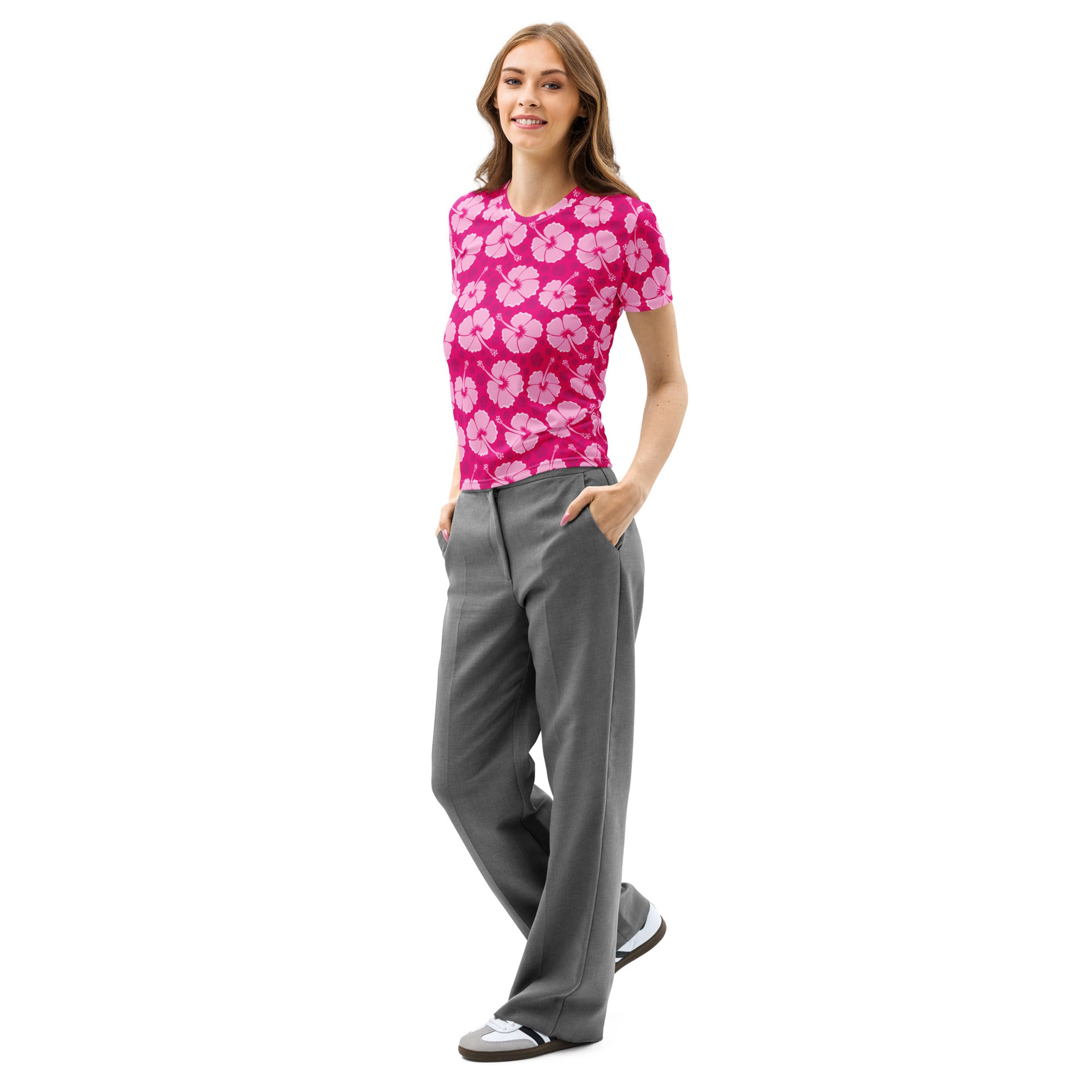 Women’s pink hibiscus cotton t-shirt with soft stretch and pilling resistant fabric featuring light pink flowers