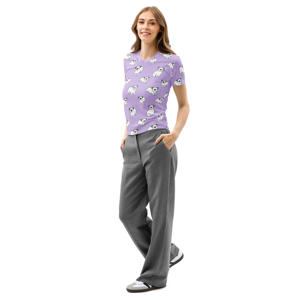 Women’s purple pug cotton t-shirt with soft stretch and pilling resistant lavender fabric featuring white pug pattern