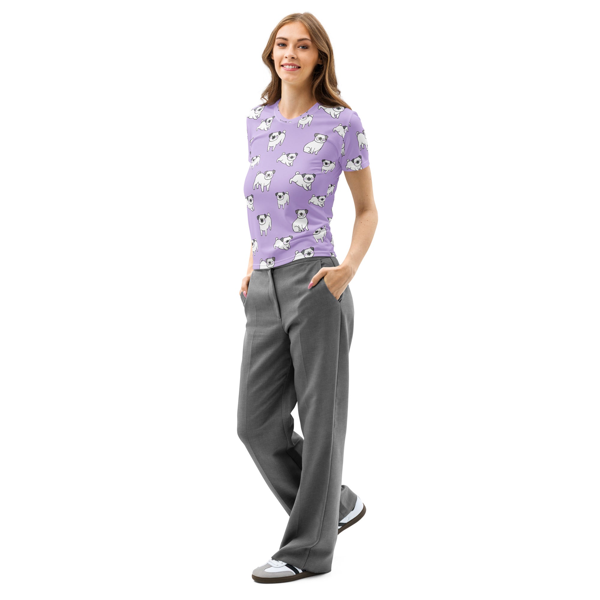 Women’s purple pug cotton t-shirt with soft stretch and pilling resistant lavender fabric featuring white pug pattern