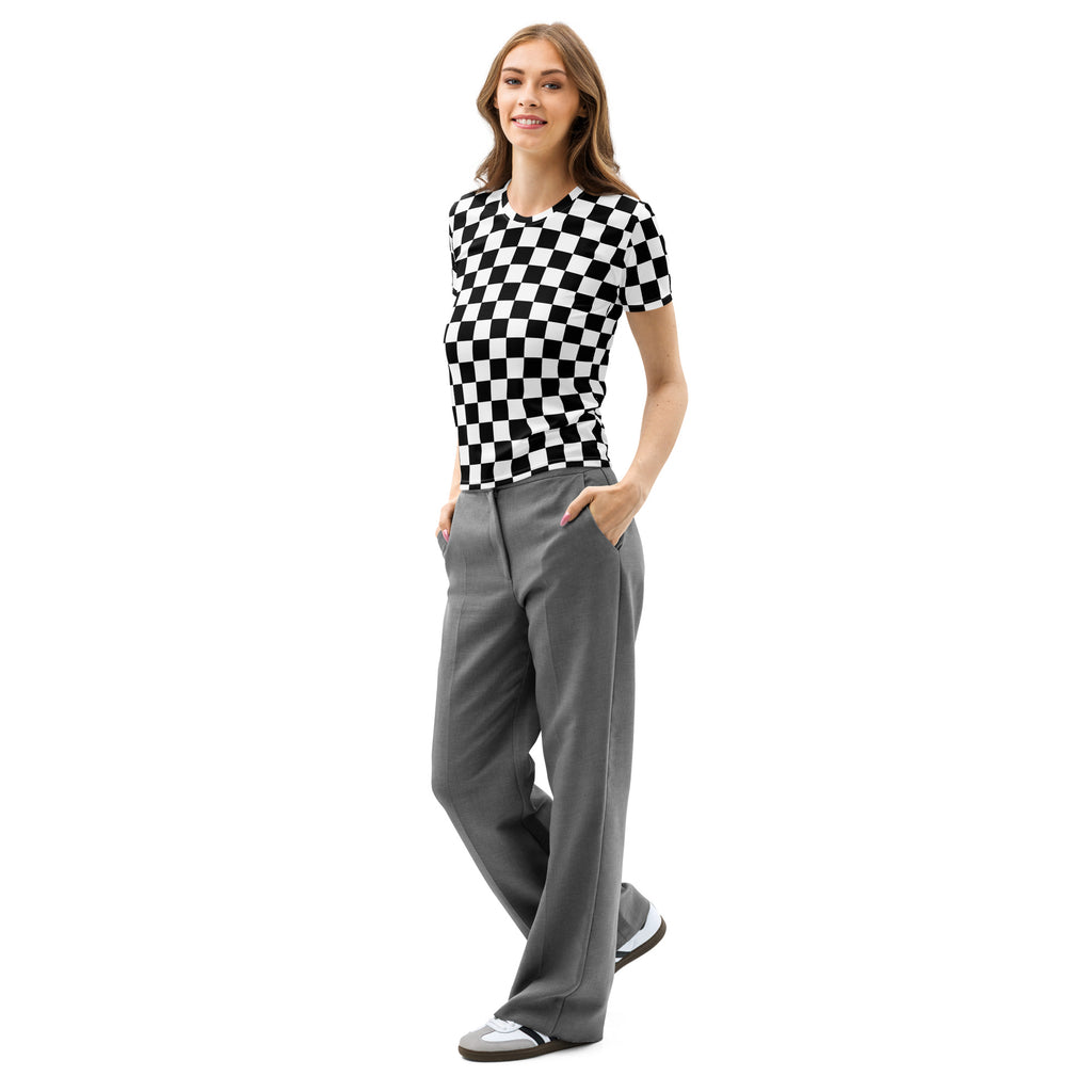 Women’s black and white checkered cotton t-shirt with short sleeves soft stretch and pilling resistant fabric