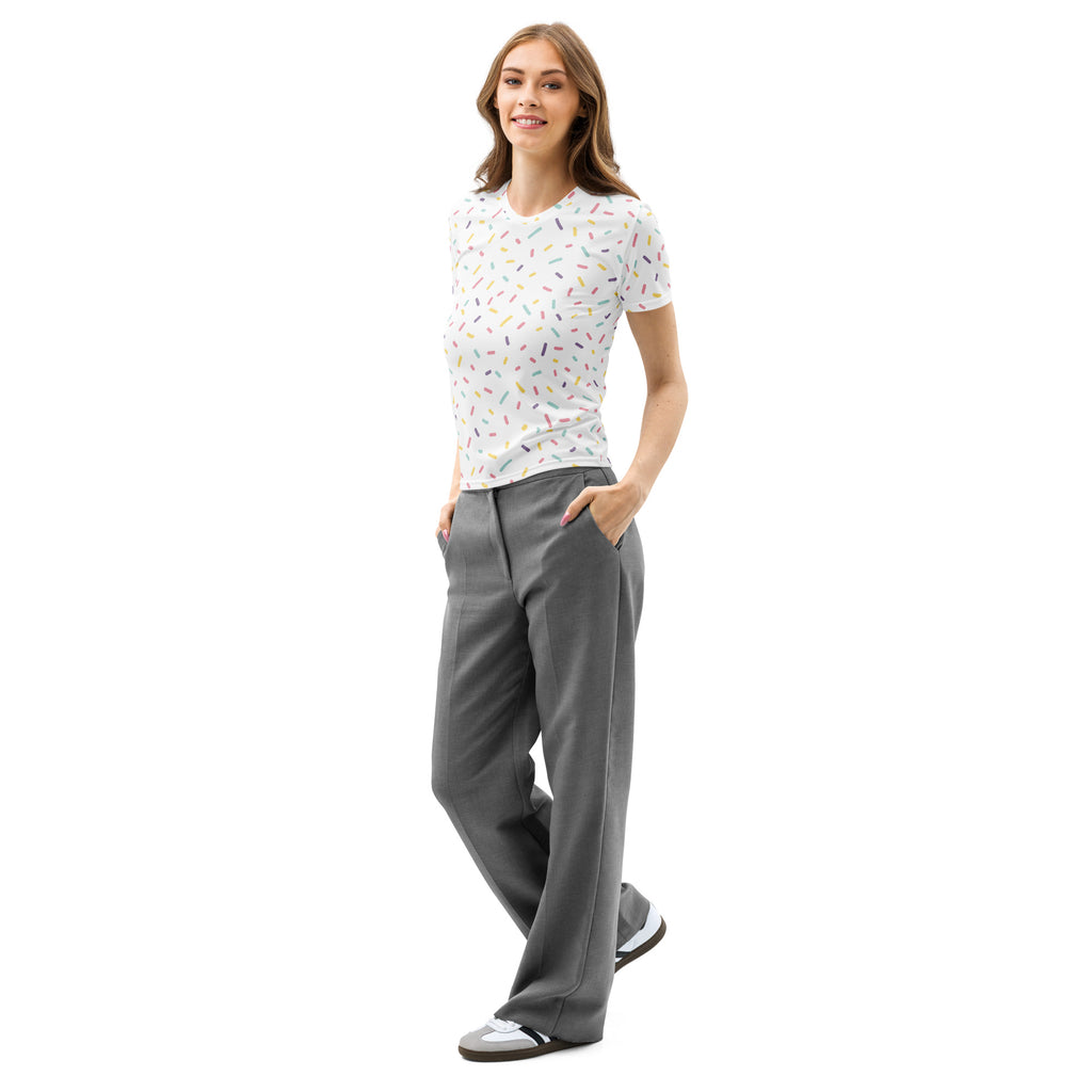 A woman wearing a white cotton women’s sprinkle print short-sleeved t-shirt with soft stretch and pilling resistance