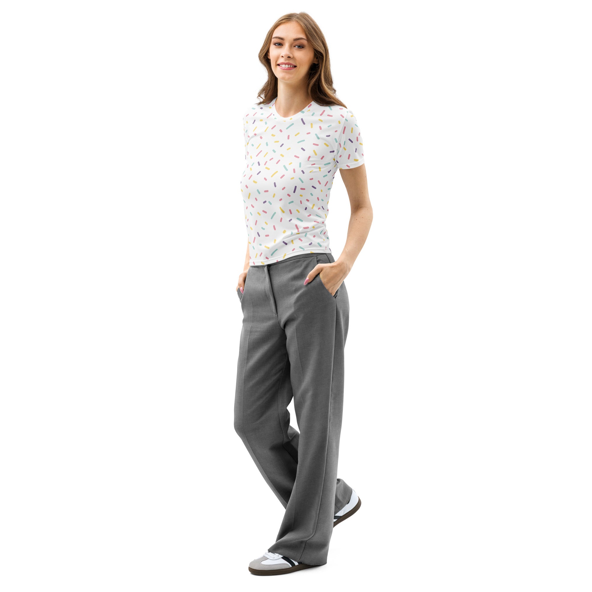A woman wearing a white cotton women’s sprinkle print short-sleeved t-shirt with soft stretch and pilling resistance